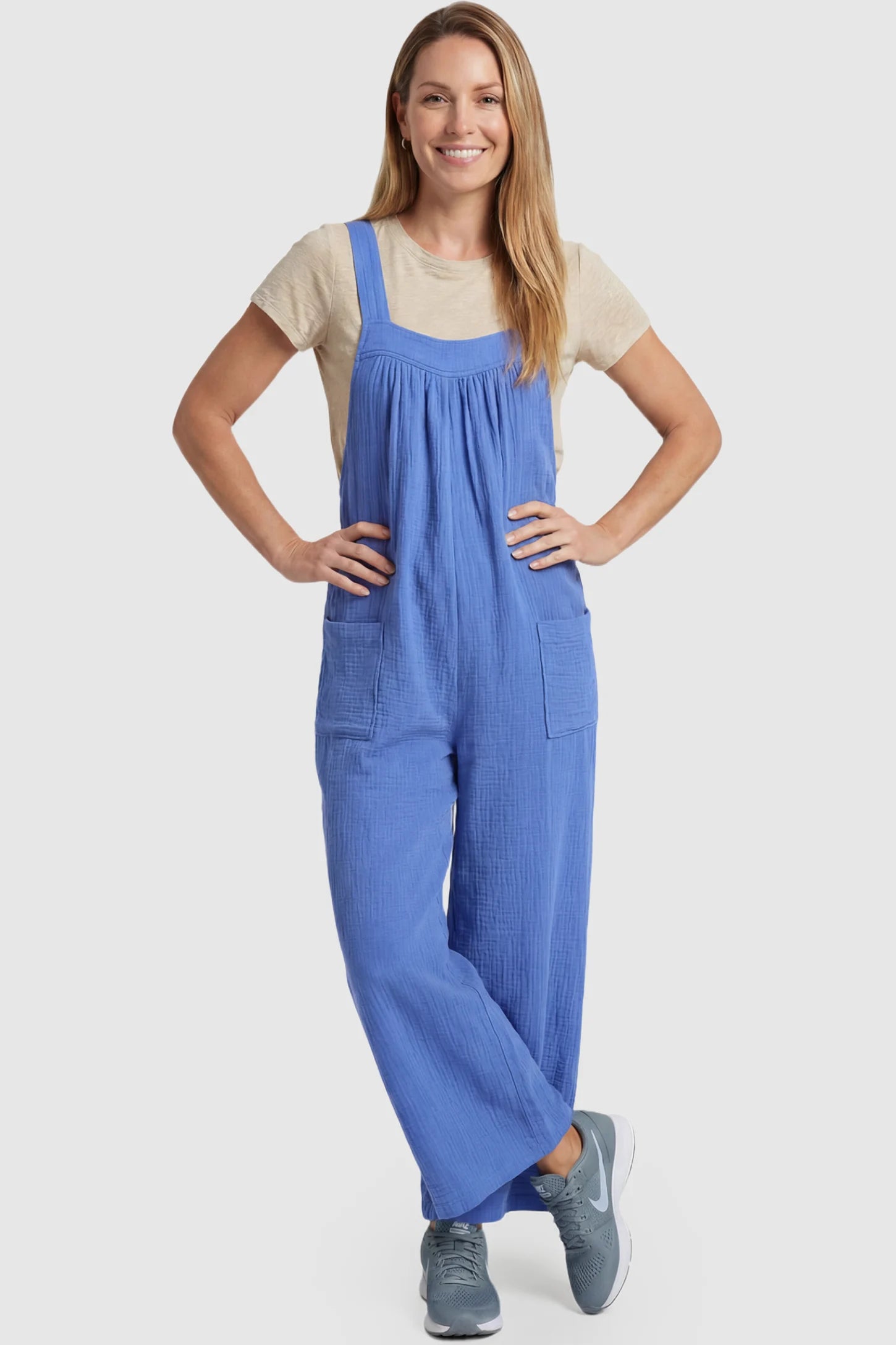 Square Neck Tie-Back Wide Leg Maternity Overalls Square Neck Tie-Back Wide Leg Maternity Overalls in royal blue featuring adjustable tie-back and wide leg silhouette on a pregnant model