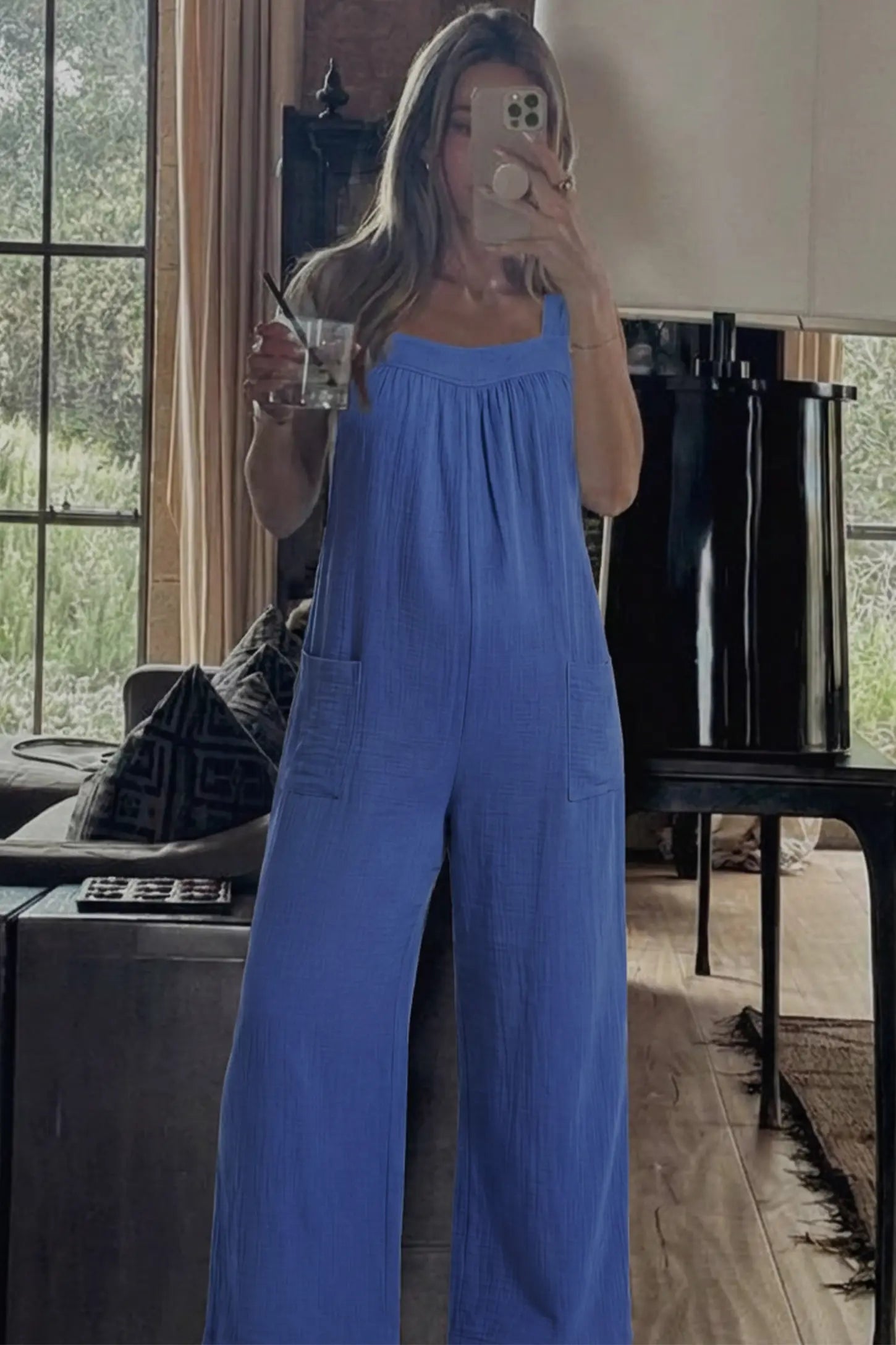 Square Neck Tie-Back Wide Leg Maternity Overalls Square Neck Tie-Back Wide Leg Maternity Overalls in royal blue featuring adjustable tie-back and wide leg silhouette on a pregnant model