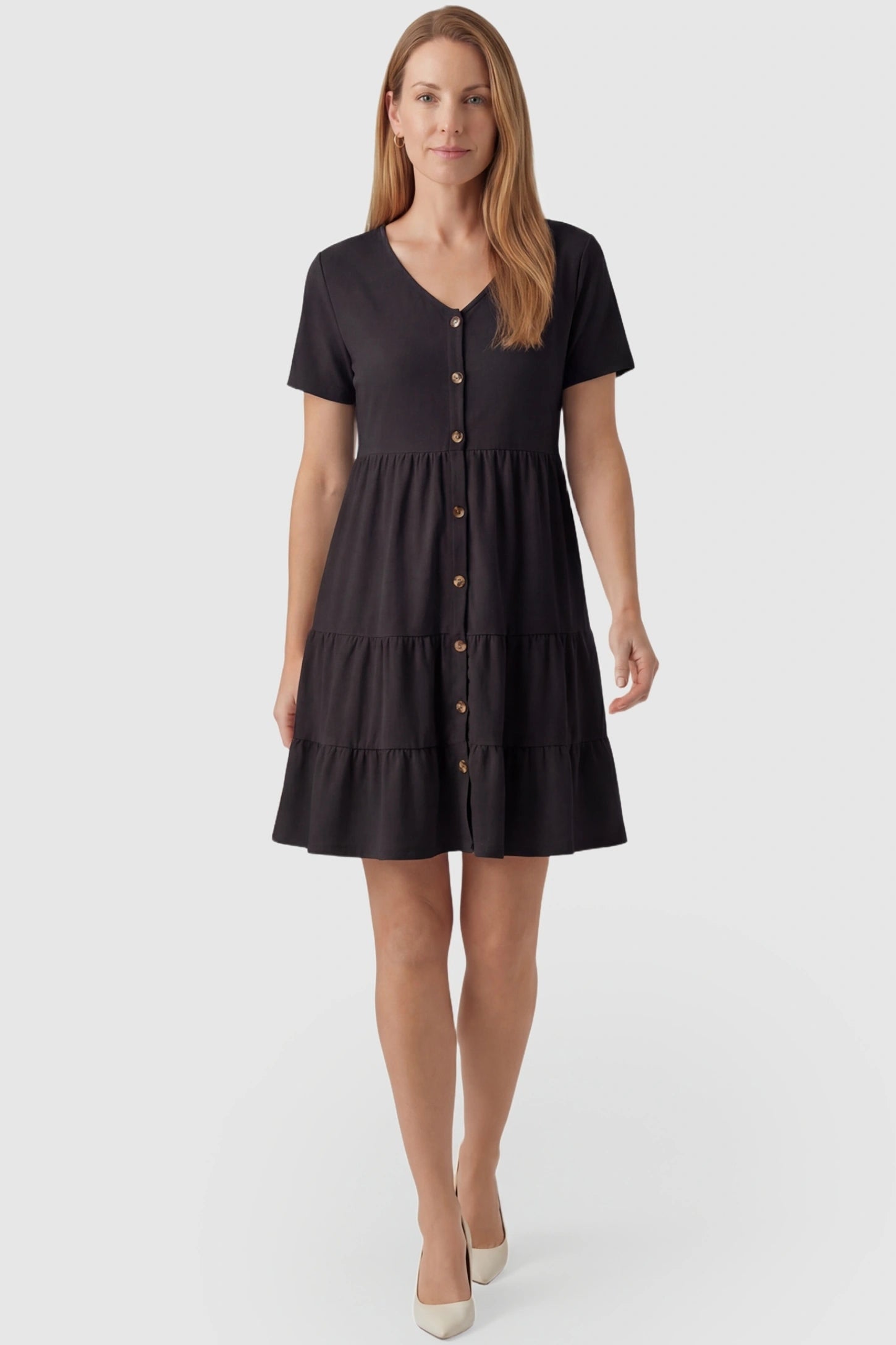 Tiered Button-Front A-Line Maternity Summer Dress Tiered Button-Front A-Line Maternity Summer Dress in Black featuring a timeless silhouette on a non-pregnant model.