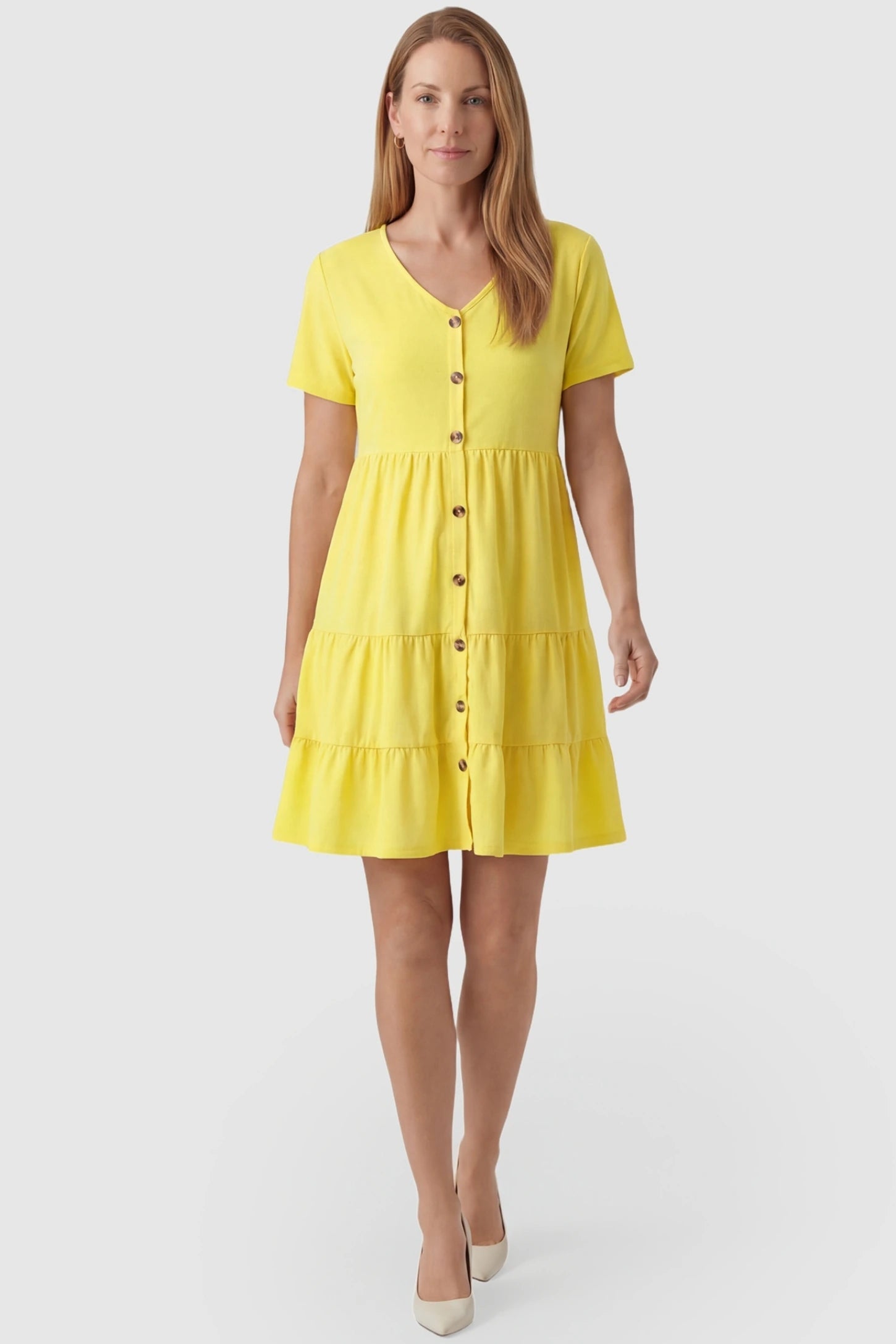 Tiered Button-Front A-Line Maternity Summer Dress Tiered Button-Front A-Line Maternity Summer Dress in Yellow featuring a sweet, comfortable fit on a non-pregnant model.
