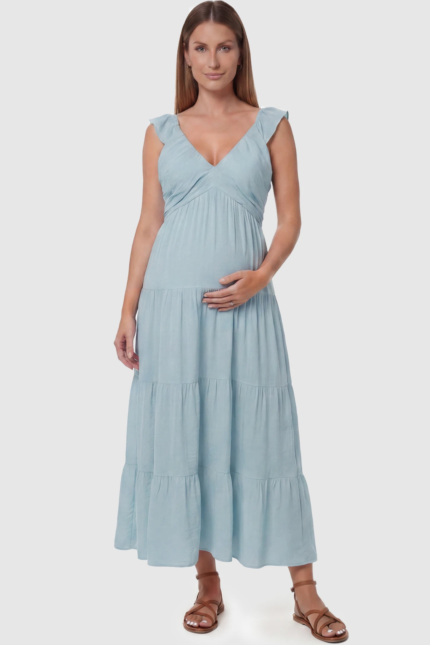 Ruffled Sleeve V-neck A-line Maternity Midi Dress Ruffled sleeve V-neck A-line maternity midi dress in blue with V-neckline and ruffled sleeves, front view on pregnant model