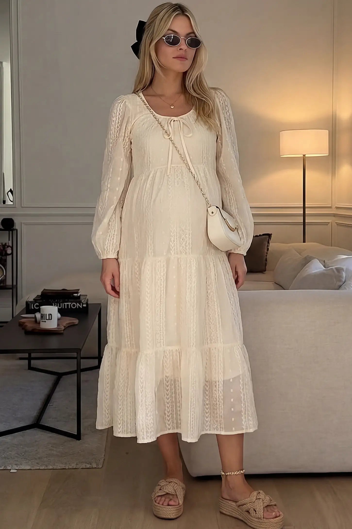 Balloon Sleeve Tiered Maternity Midi Dress in off white featuring flowy tiers and long balloon sleeves on a pregnant model front view.