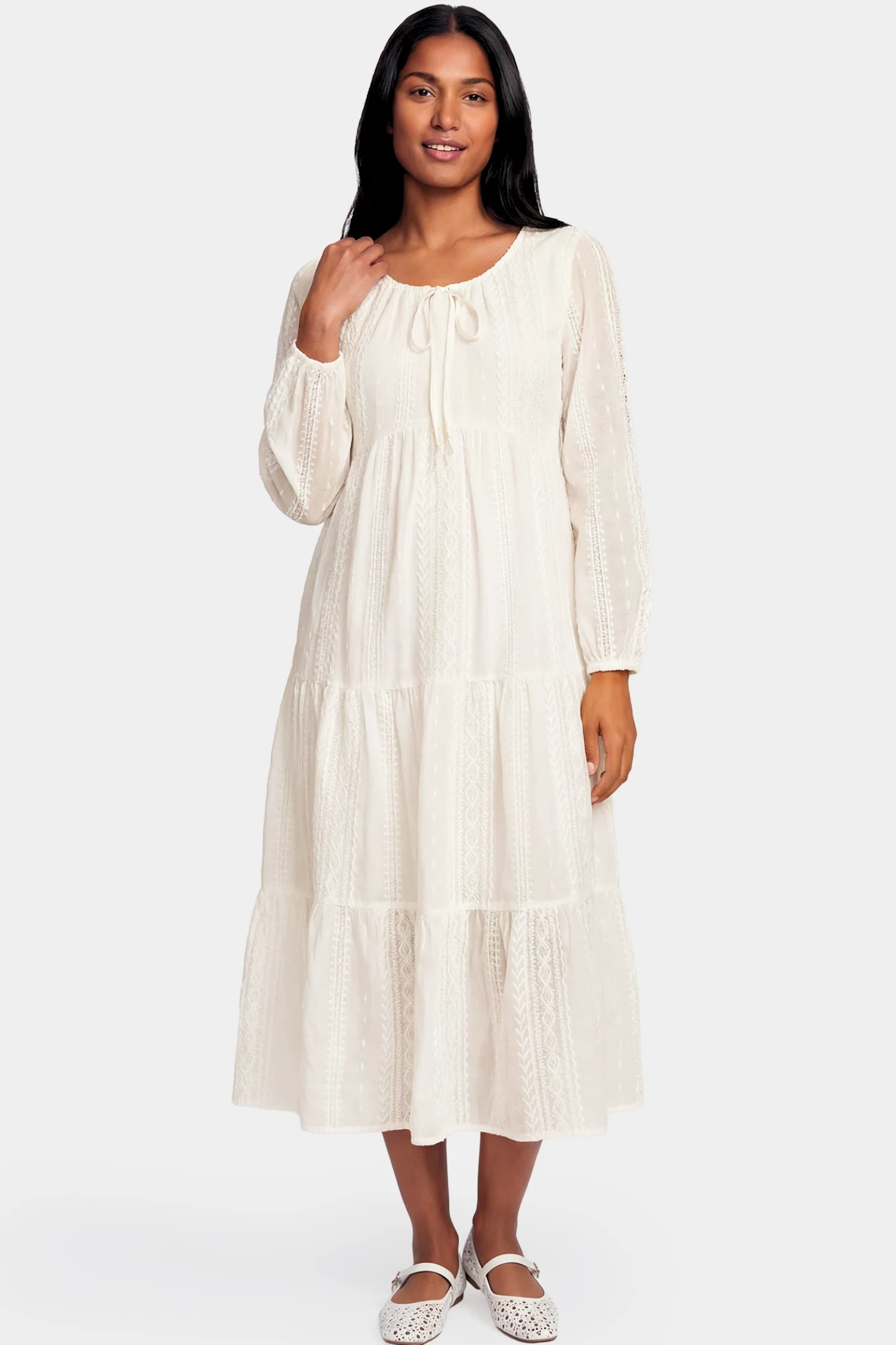 Balloon Sleeve Tiered Maternity Midi Dress Balloon Sleeve Tiered Maternity Midi Dress in off white featuring flowy tiers and long balloon sleeves on a non pregnant model.