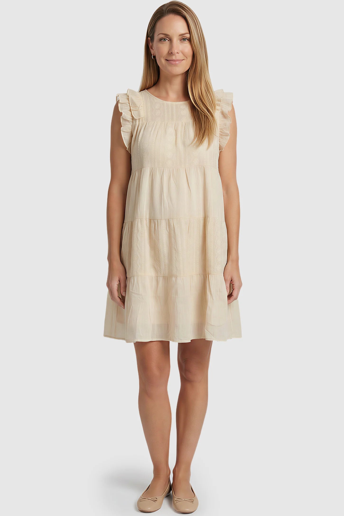 Crochet Detail Round Neck Tiered Maternity Short Dress Crochet detail round neck tiered maternity short dress in pale yellow with tiered & ruffle sleeve design, front view on postpartum model