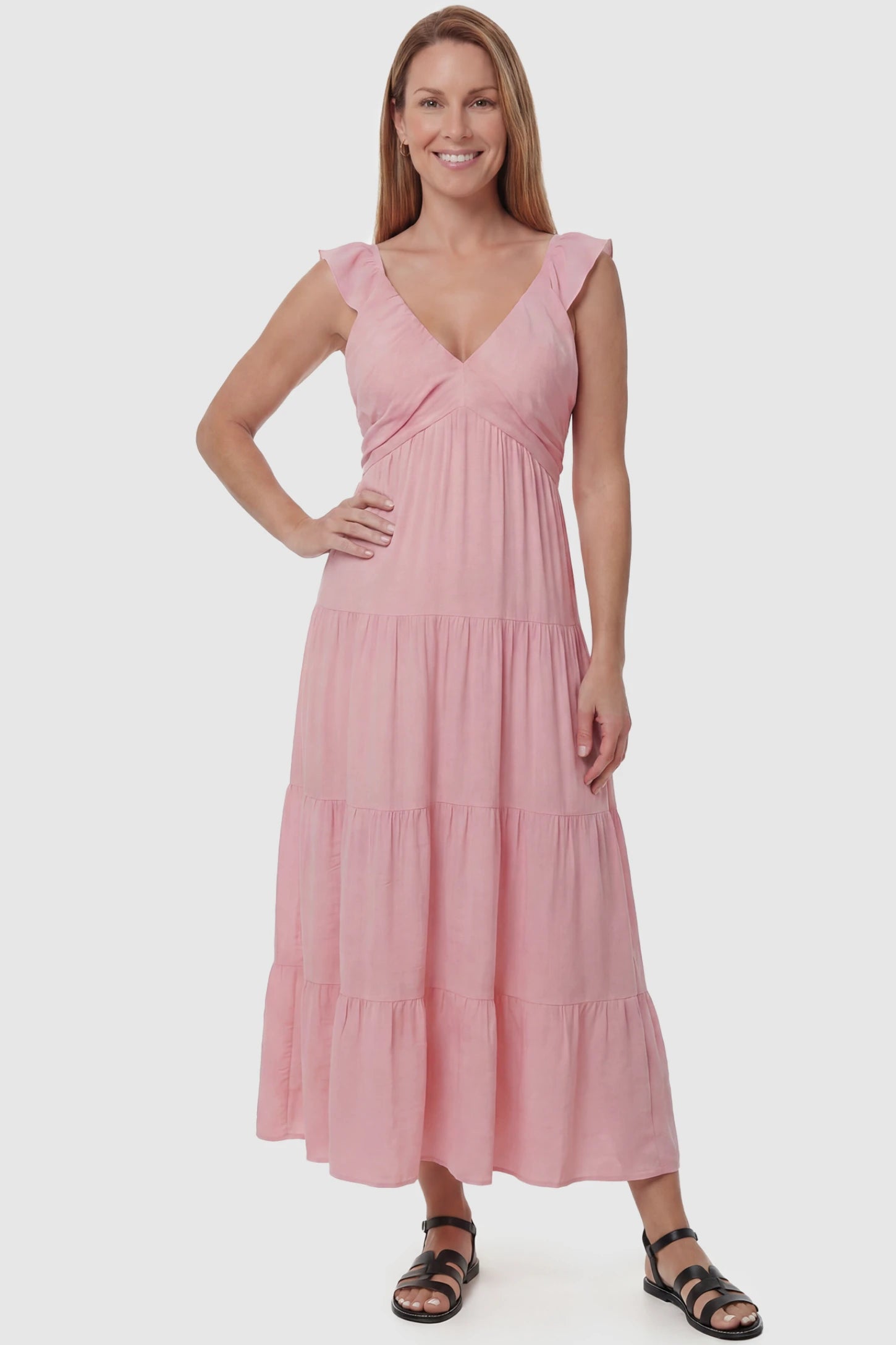 Ruffled Sleeve V-neck A-line Maternity Midi Dress Ruffled sleeve V-neck A-line maternity midi dress in pink with V-neckline and ruffled sleeves, front view on postpartum model