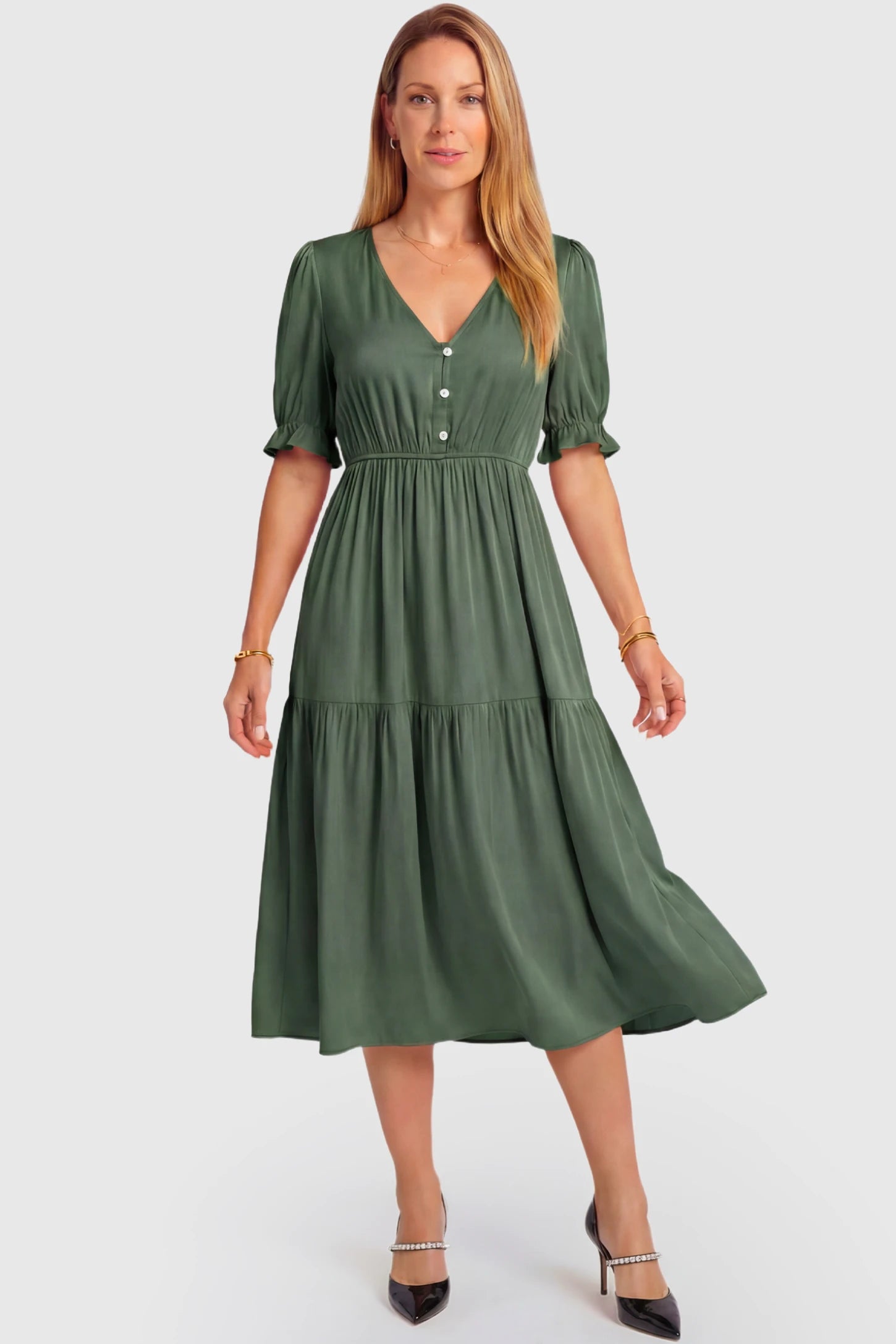 Tiered Hem A-Line Maternity Midi Dress Tiered Hem A-Line Maternity Midi Dress in army green featuring empire waist, elbow-length puff sleeves, V-neckline, and flowy skirt on non pregnant model.