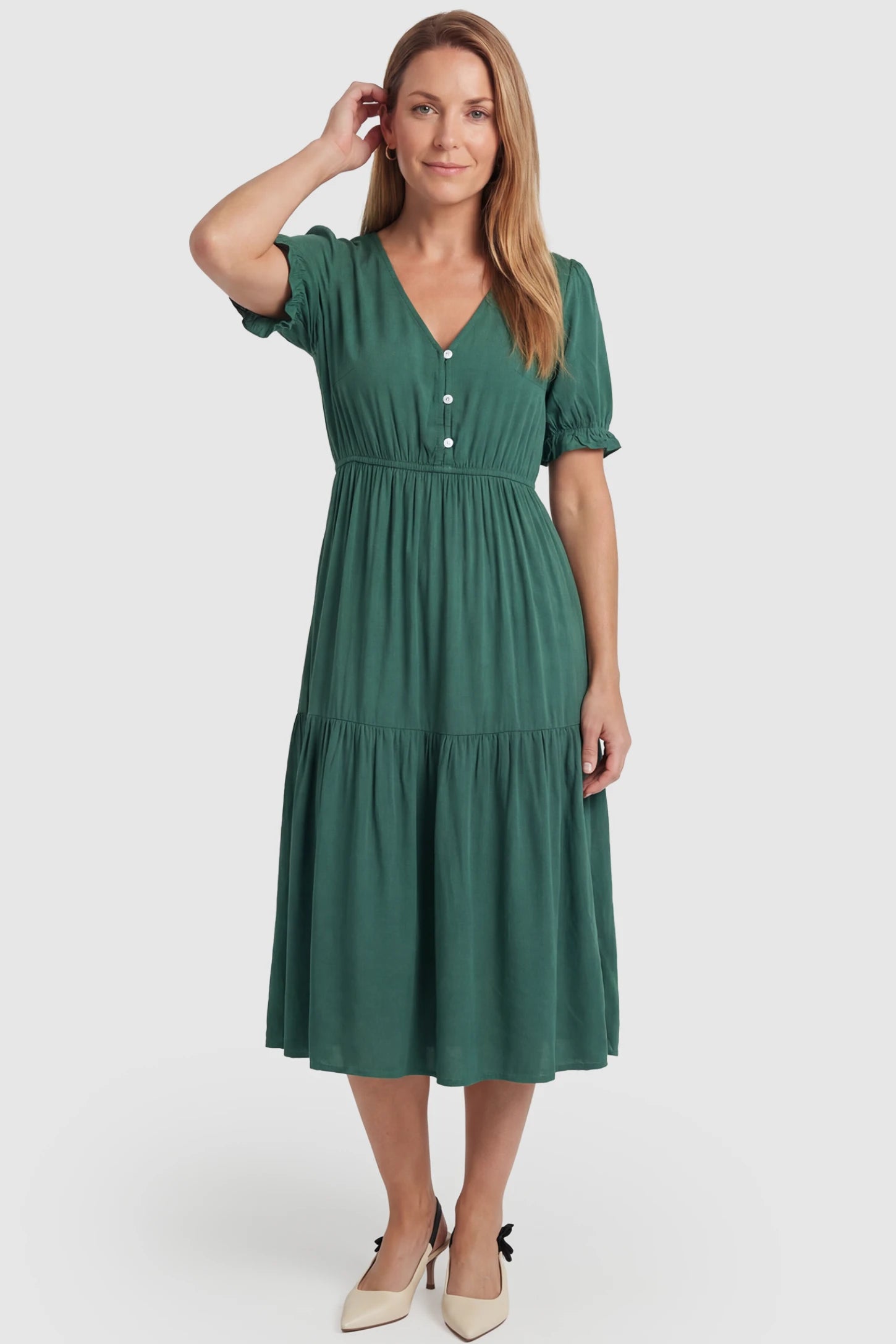 Tiered Hem A-Line Maternity Midi Dress Tiered Hem A-Line Maternity Midi Dress in army green featuring empire waist, elbow-length puff sleeves, V-neckline, and flowy skirt on non pregnant model.