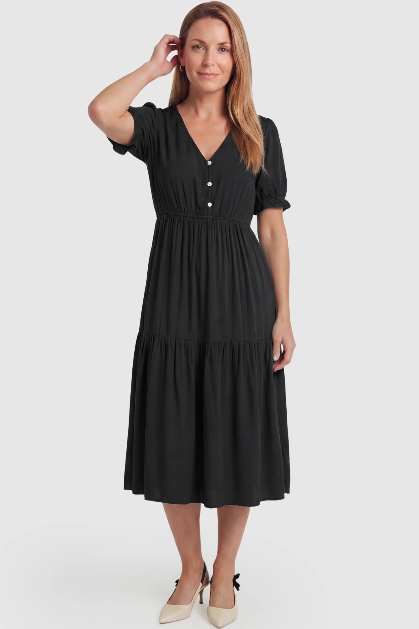 Tiered Hem A-Line Maternity Midi Dress  Tiered Hem A-Line Maternity Midi Dress in black featuring empire waist, elbow-length puff sleeves, V-neckline, and flowy skirt on non pregnant model.