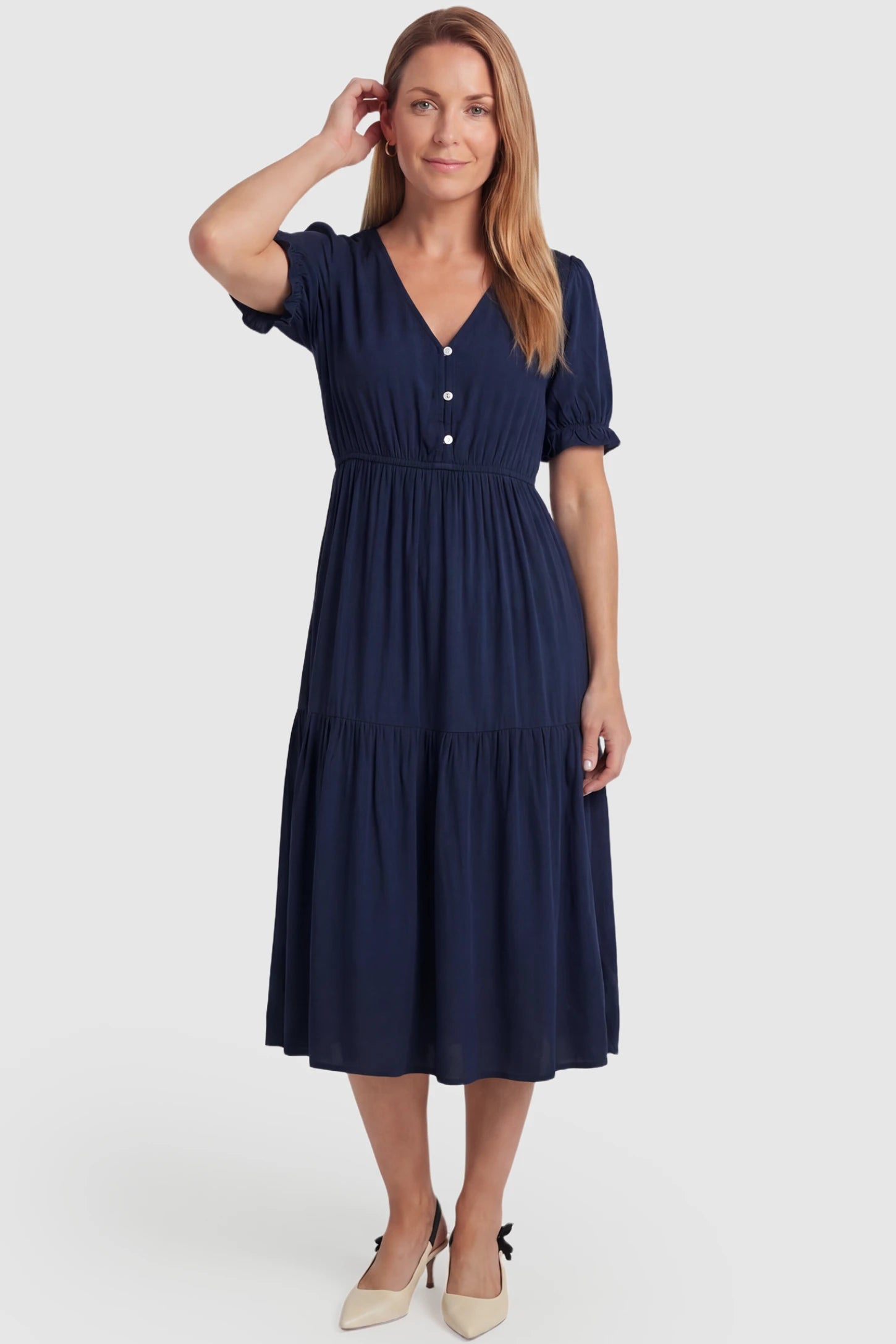 Tiered Hem A-Line Maternity Midi Dress  Tiered Hem A-Line Maternity Midi Dress in navy blue featuring empire waist, elbow-length puff sleeves, V-neckline, and flowy skirt on non pregnant model.