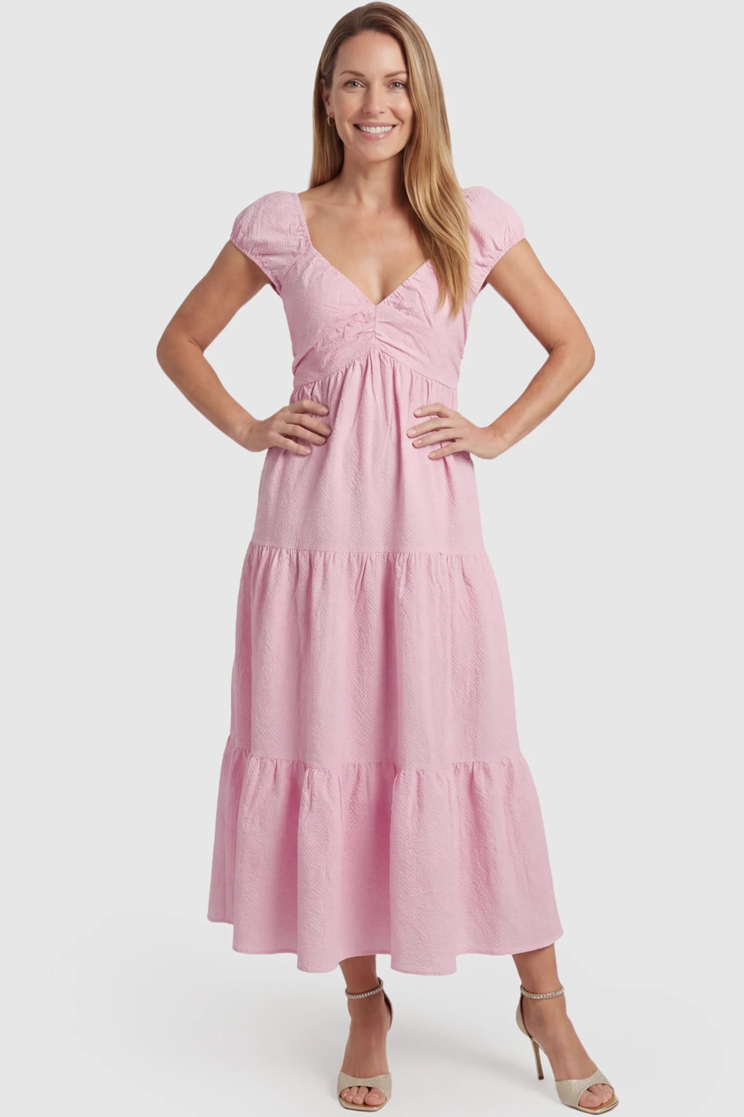 Short Puff Sleeve Tiered Maternity Maxi Dress Short Puff Sleeve Tiered Maternity Maxi Dress in pink featuring short sleeves and tiered maternity dress on a postpartum model showing front.