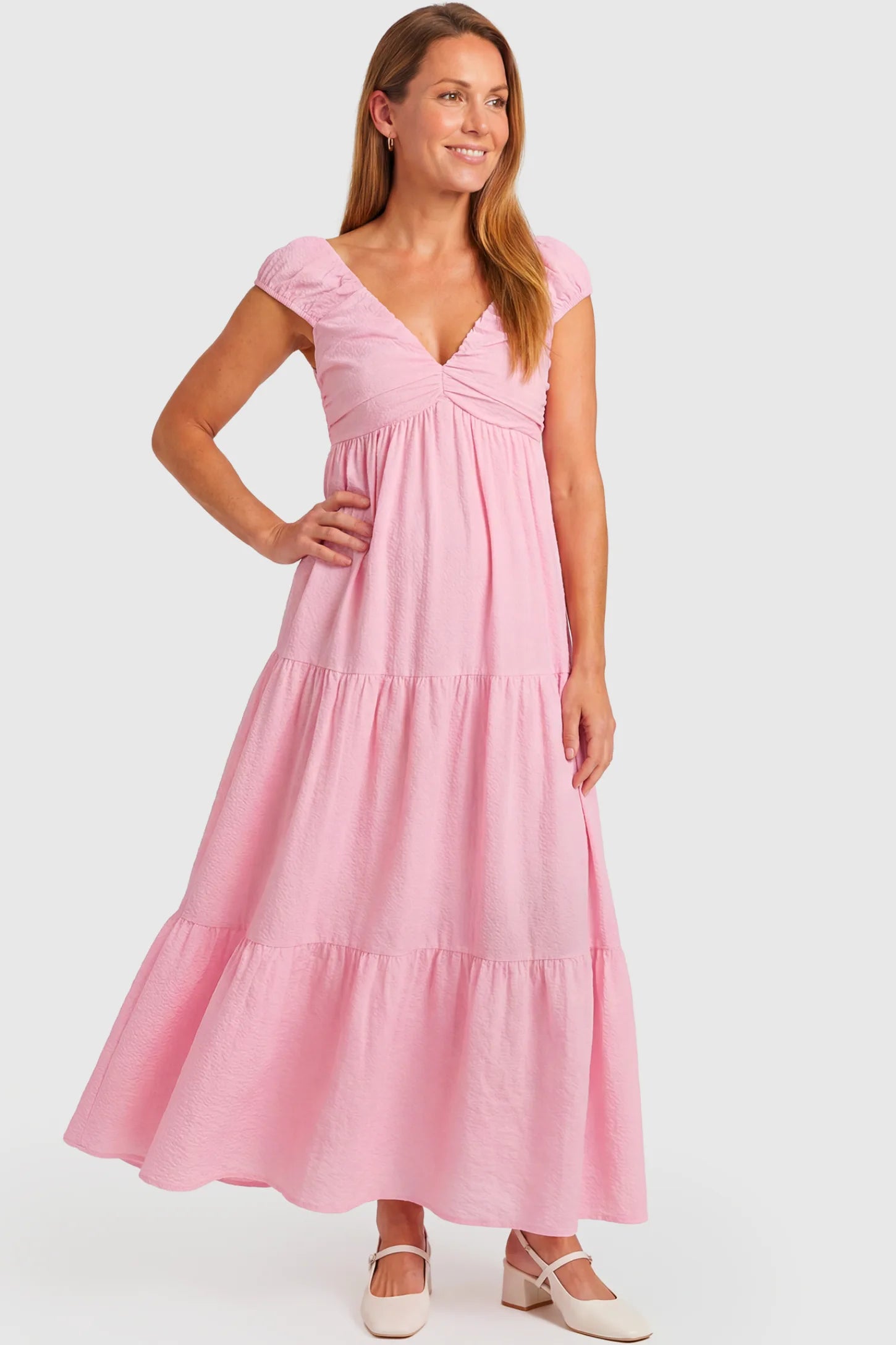 Short Puff Sleeve Tiered Maternity Maxi Dress Short Puff Sleeve Tiered Maternity Maxi Dress in pink featuring a sweetheart V-neckline and empire waist on a non pregnant model.