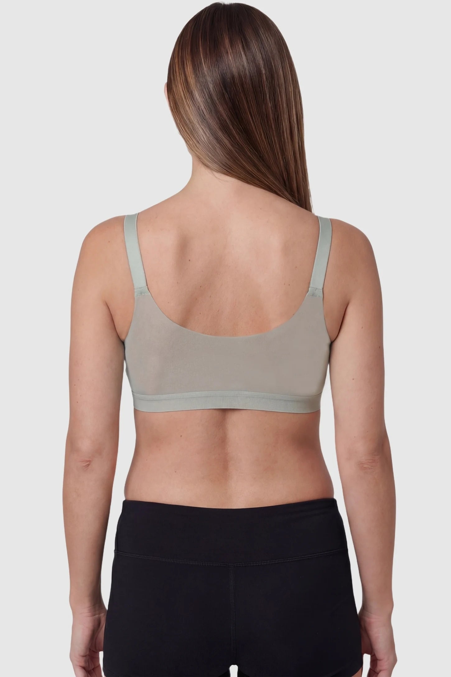 Top-Open One-Handed Nursing Ice Silk Seamless Nursing Bra Smooth-back Ice Silk Nursing Bra in Gray featuring a flexible, non-constricting fit on a pregnant model, back view.