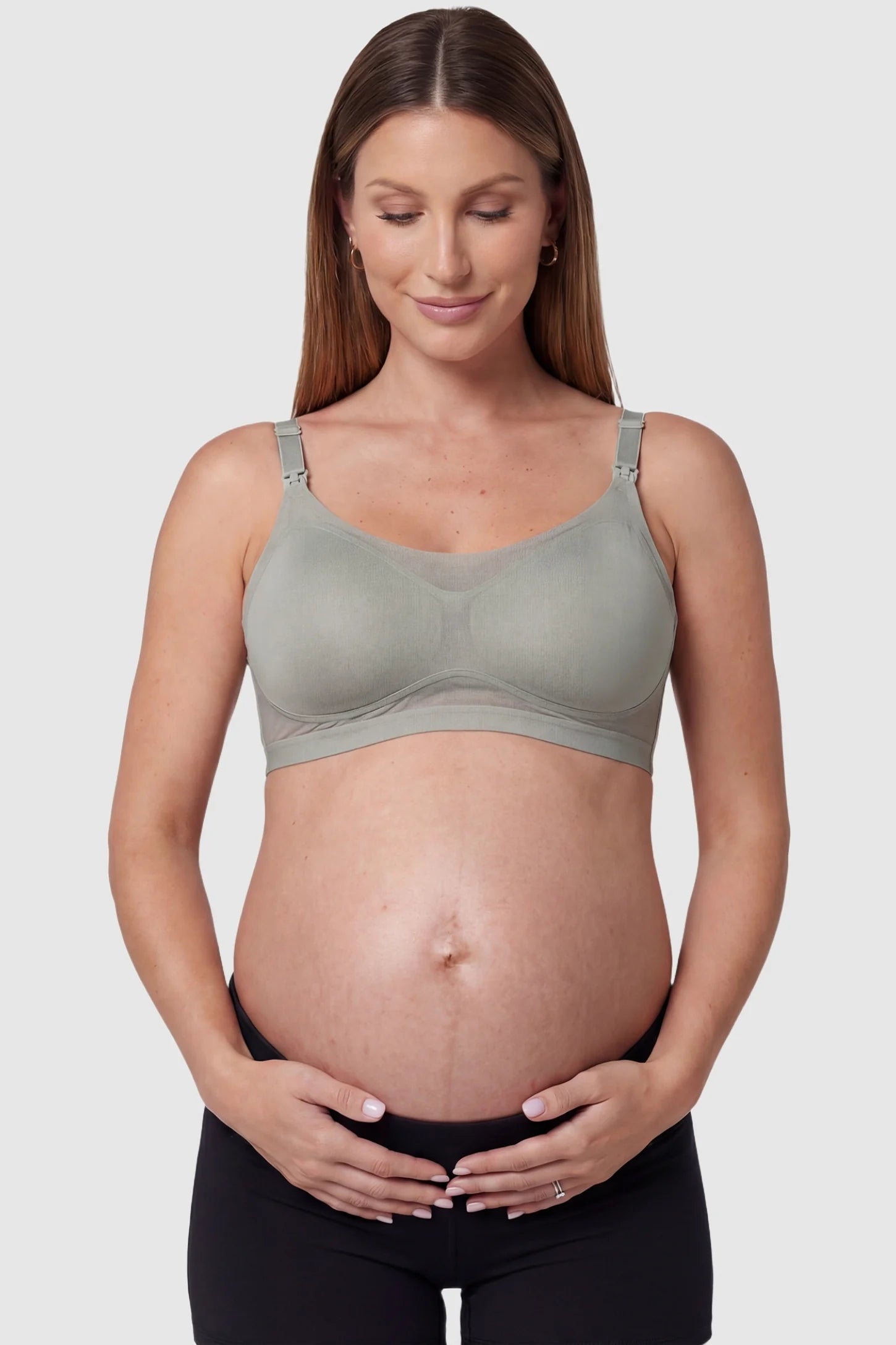 Top-Open One-Handed Nursing Ice Silk Seamless Nursing Bra Top-Open One-Handed Ice Silk Nursing Bra in Gray featuring a moisture-wicking seamless knit on a pregnant model, front view.