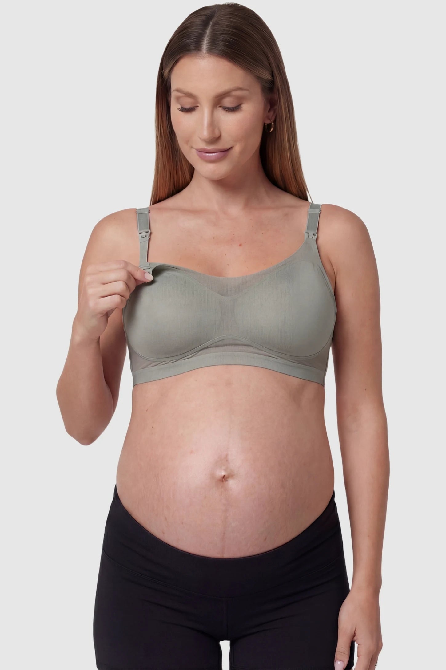 Top-Open One-Handed Nursing Ice Silk Seamless Nursing Bra Gray Ice Silk Nursing Bra featuring a secure top-open clasp for breastfeeding on a pregnant model, functional detail image.
