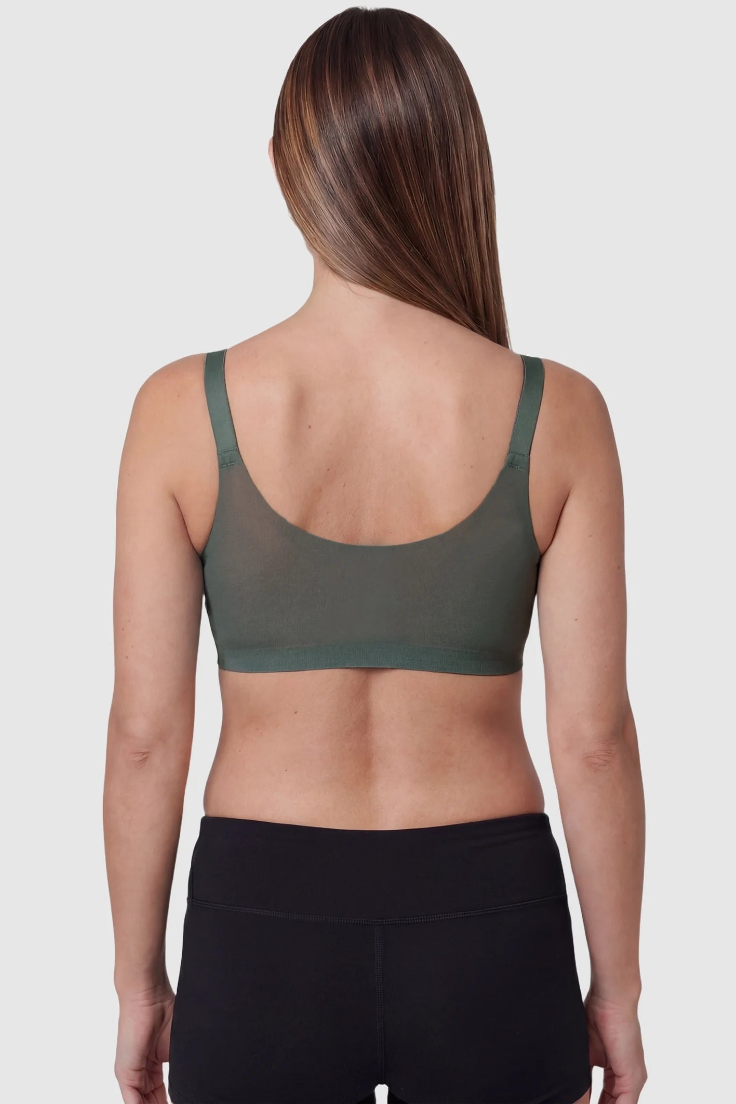 Top-Open One-Handed Nursing Ice Silk Seamless Nursing Bra Seamless Green Ice Silk Nursing Bra featuring wide straps for weight distribution on a pregnant model, back view.