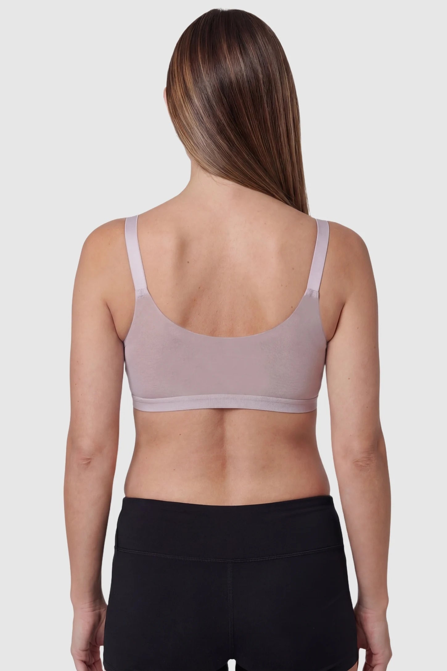 Top-Open One-Handed Nursing Ice Silk Seamless Nursing Bra Seamless Ice Silk Nursing Bra in Caramel featuring a smooth U-back design on a pregnant model, side view.
