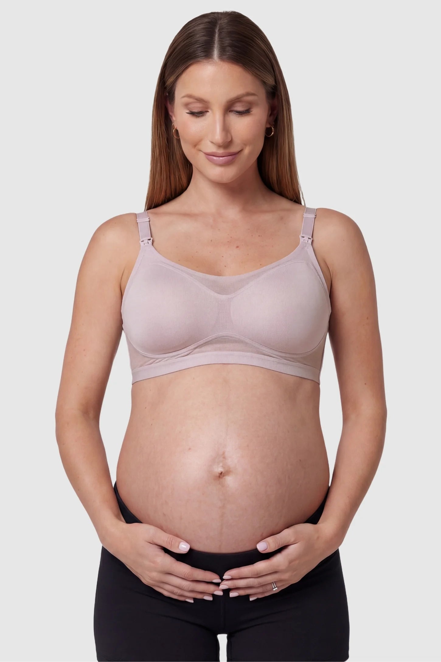 Top-Open One-Handed Nursing Ice Silk Seamless Nursing Bra Top-Open One-Handed Ice Silk Nursing Bra in Caramel featuring a seamless front on a pregnant model, front view.