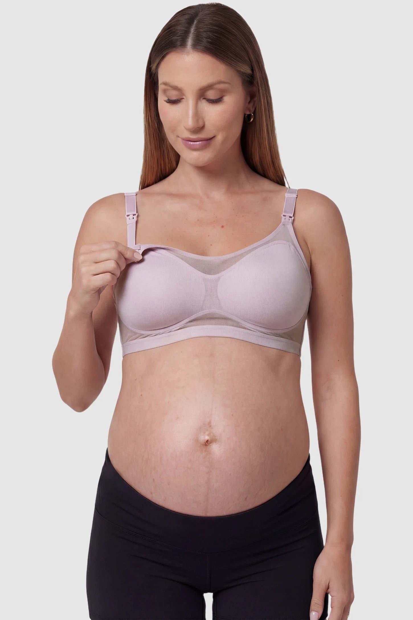 Top-Open One-Handed Nursing Ice Silk Seamless Nursing Bra Caramel Ice Silk Nursing Bra showing one-handed top-open clips for easy breastfeeding on a pregnant model, functional detail image.