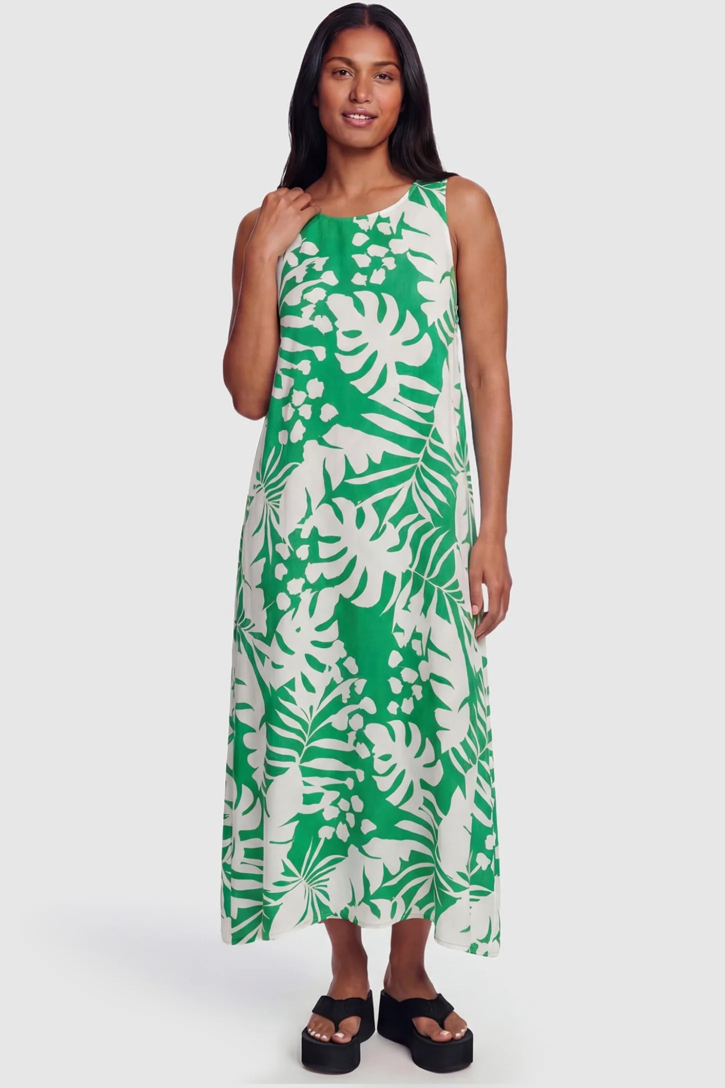 Tropical Print V-Back Sleeveless Midi Maternity Dress Green Tropical Print V-Back Sleeveless Midi Maternity Dress front view featuring lightweight fabric on a non-pregnant model.