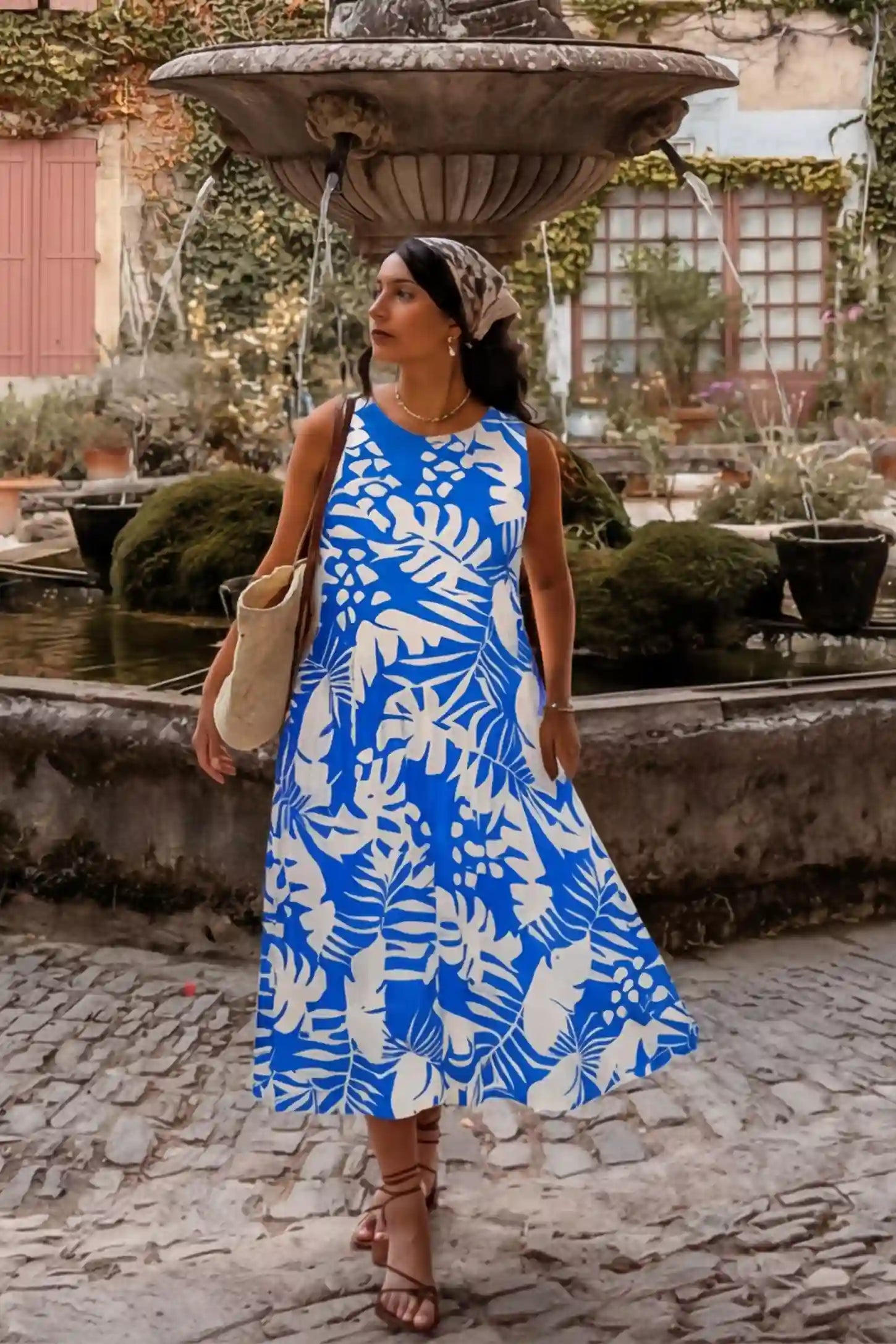 Blue Tropical Print V-Back Sleeveless Midi Maternity Dress front view featuring a high neckline on a pregnant model.