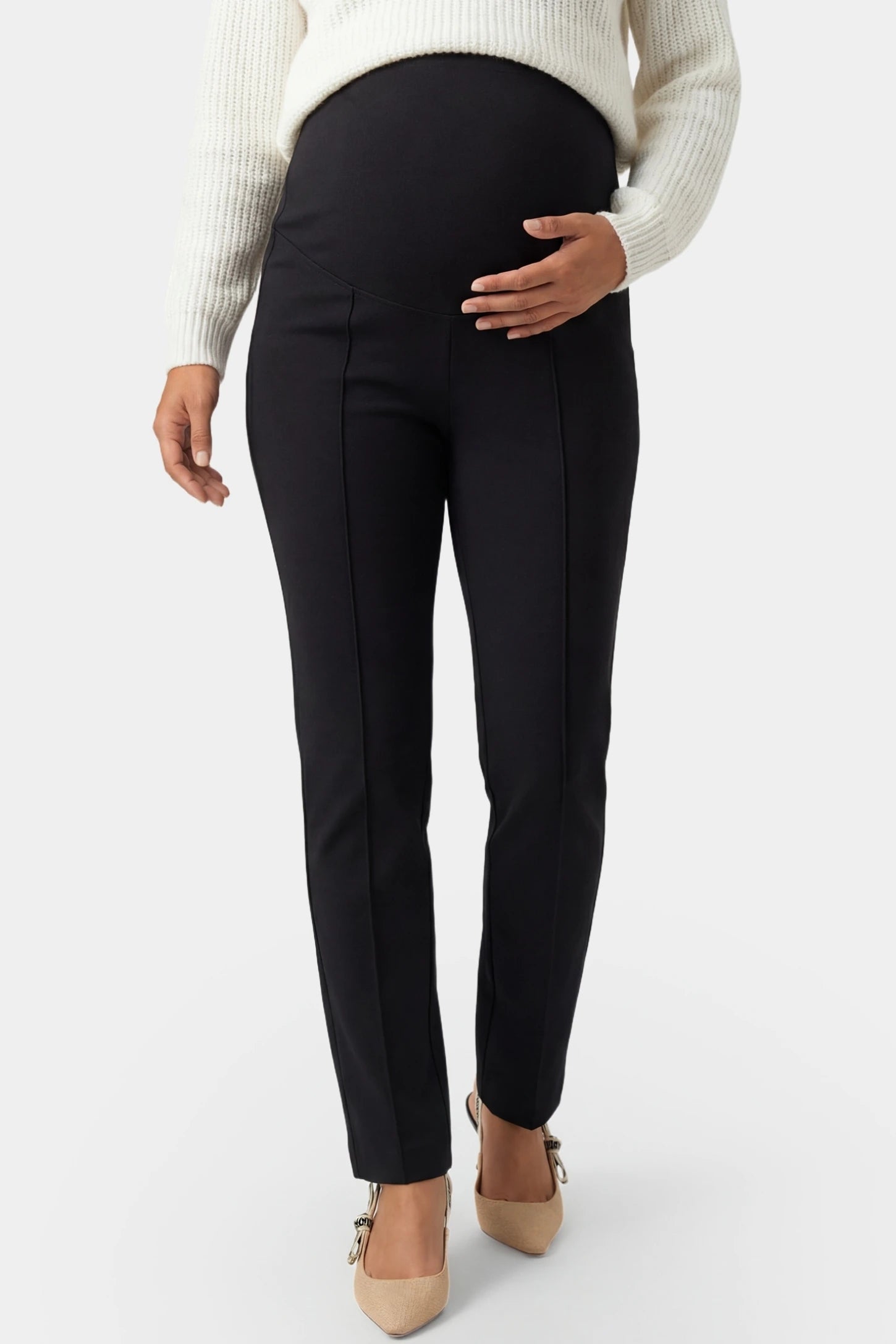 High-waist slim-fit cigarette maternity pants in black with straight-leg silhouette, front view on pregnant model