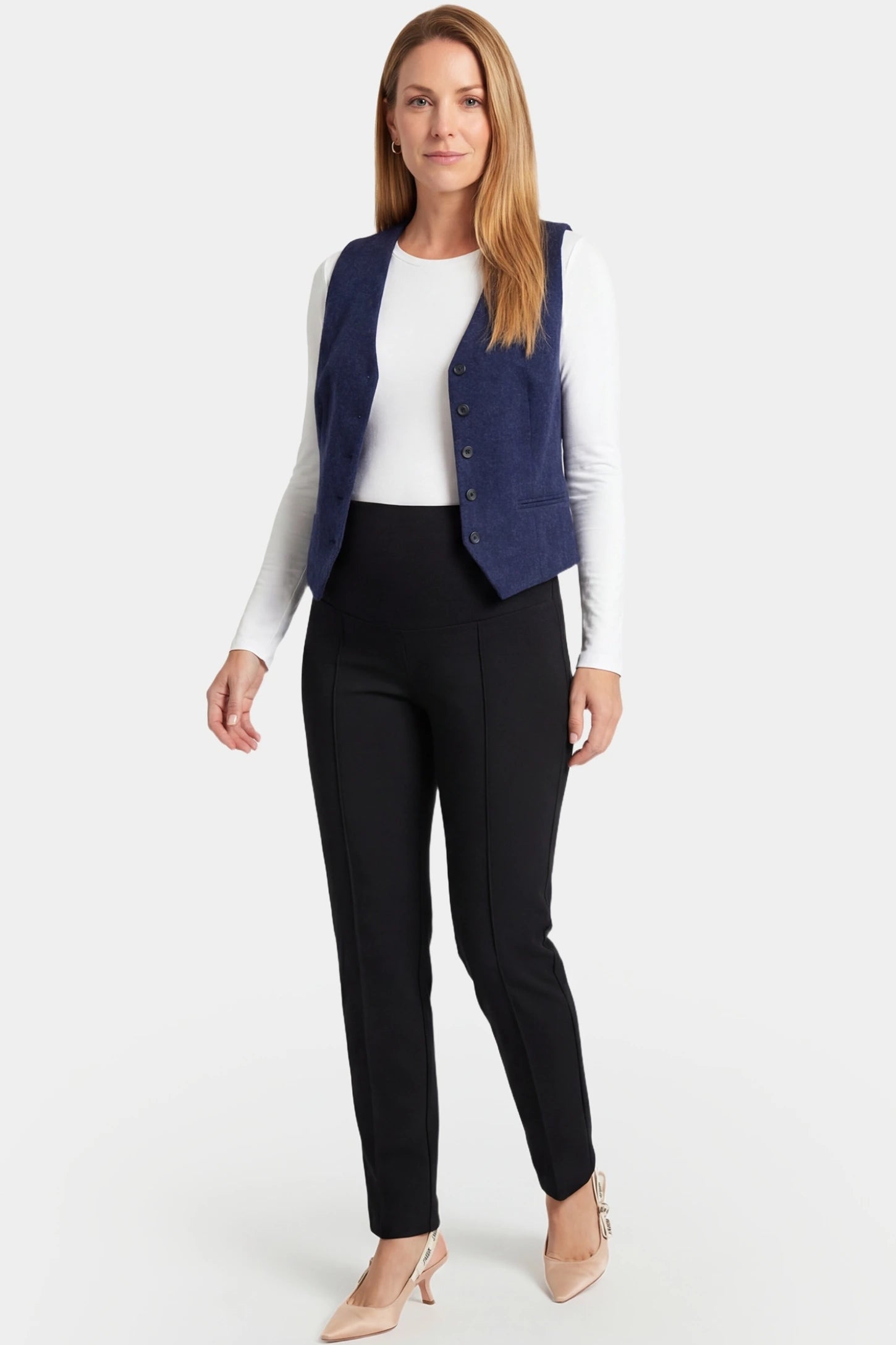 High-Waist Belly Support Slim-Fit Cigarette Maternity Pants High-waist slim-fit cigarette maternity pants in black with flexible belly support, full body on postpartum model