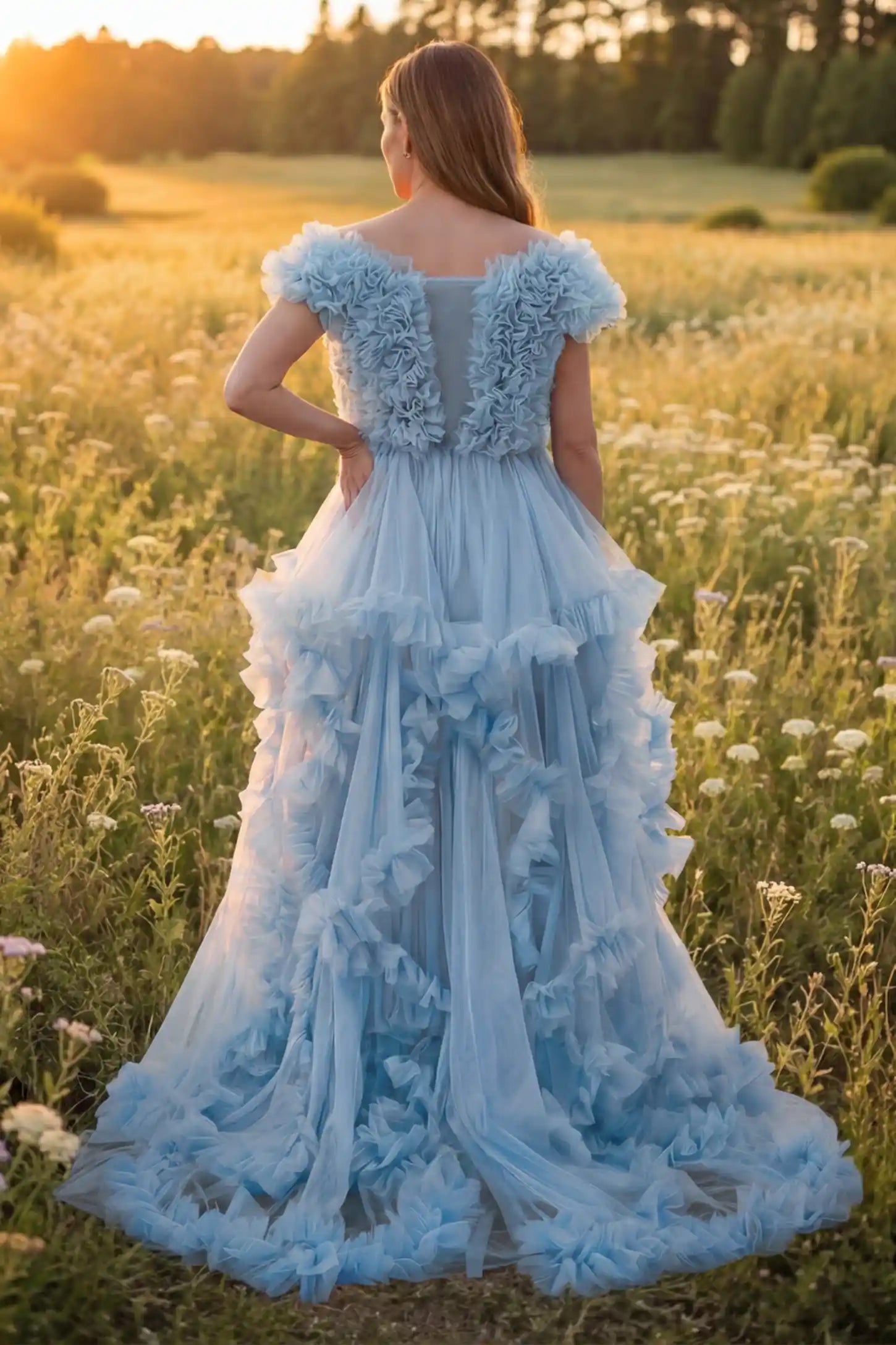 Ruffled Tulle Convertible Neckline Maternity Photoshoot Gown Ruffled tulle convertible neckline maternity photoshoot gown in blue with ruffled tulle layers, back view on pregnant model