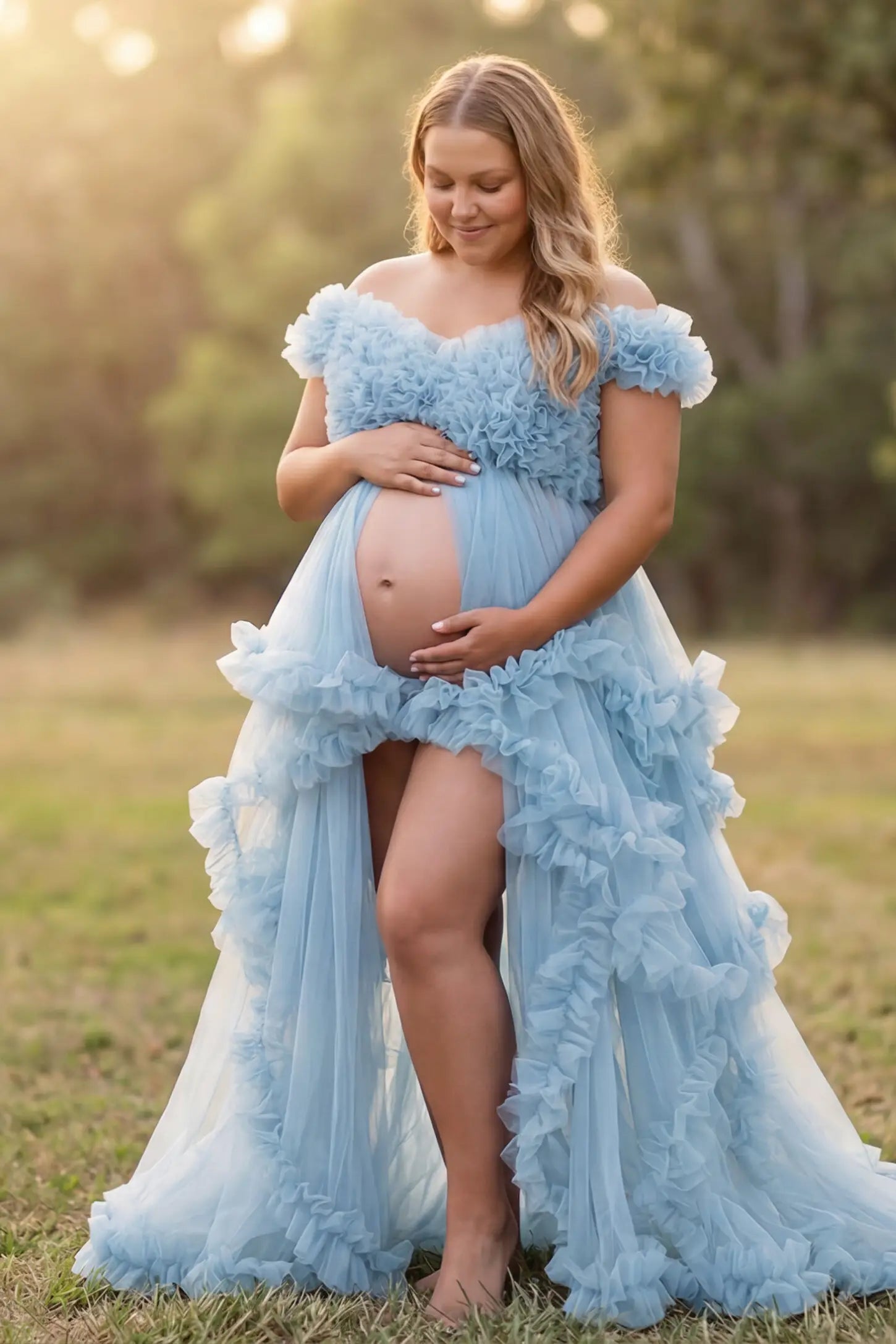 Ruffled Tulle Convertible Neckline Maternity Photoshoot Gown Ruffled tulle convertible neckline maternity photoshoot gown in blue with open front and ruffled tulle layers, front view on plus-size model