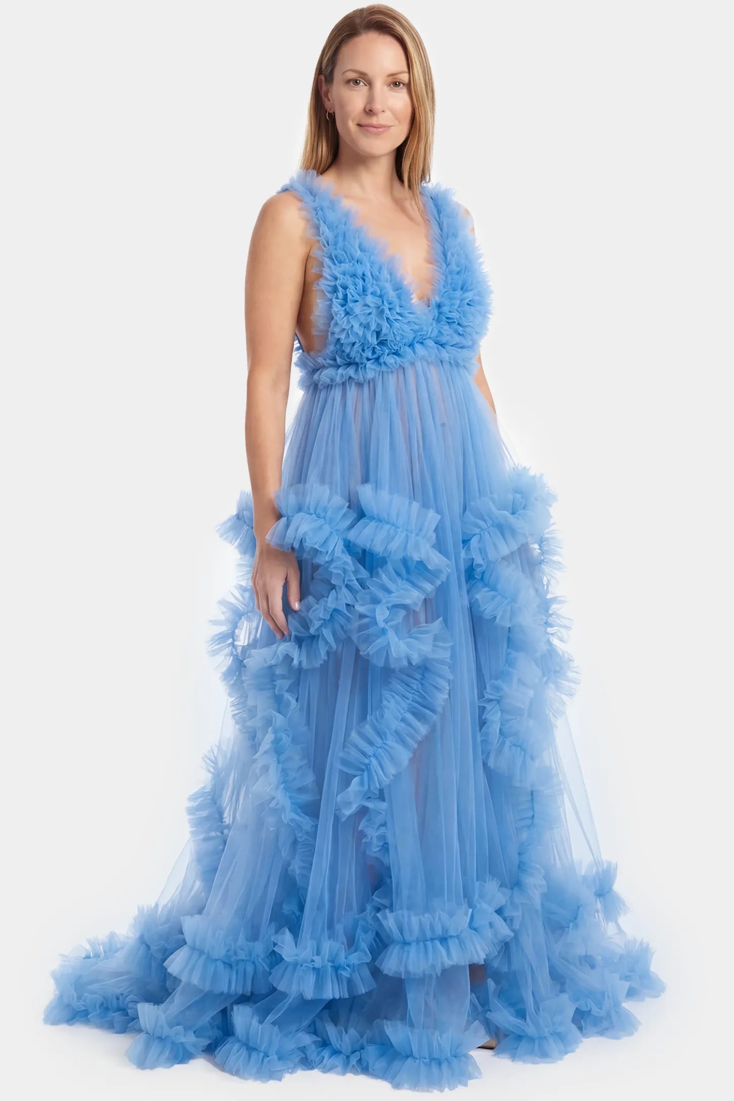 Multi-Layered Tulle Deep V-Neck Sleeveless Maxi Maternity Gown Multi-layered tulle deep V-neck sleeveless maxi maternity gown in blue featuring flowing pleated silhouette in full body front view on a postpartum model