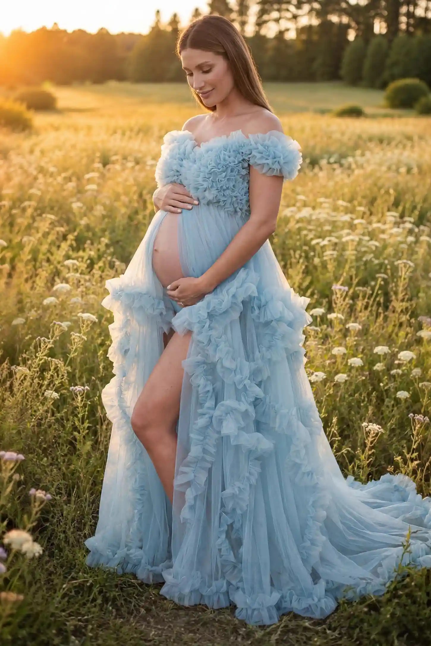 Ruffled Tulle Convertible Neckline Maternity Photoshoot Gown Ruffled tulle convertible neckline maternity photoshoot gown in blue with open front and ruffled tulle layers, side view on pregnant model