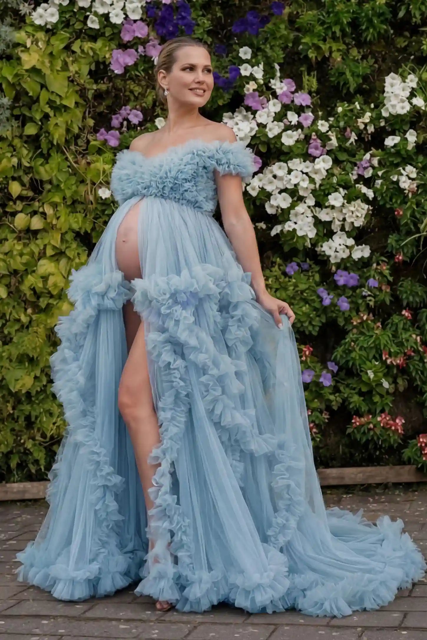 Ruffled Tulle Convertible Neckline Maternity Photoshoot Gown Ruffled tulle convertible neckline maternity photoshoot gown in blue with open front and ruffled tulle layers, UGC view
