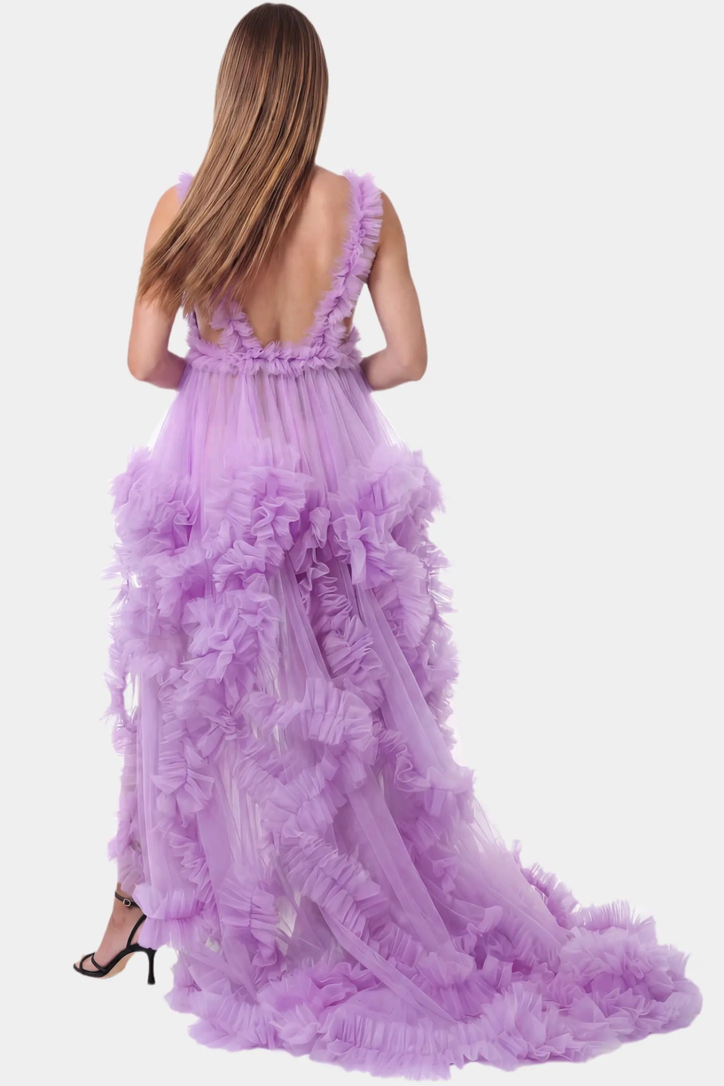 Multi-Layered Tulle Deep V-Neck Sleeveless Maxi Maternity Gown Multi-layered tulle deep V-neck sleeveless maxi maternity gown in lavender featuring an open back in full body front view on a pregnant model