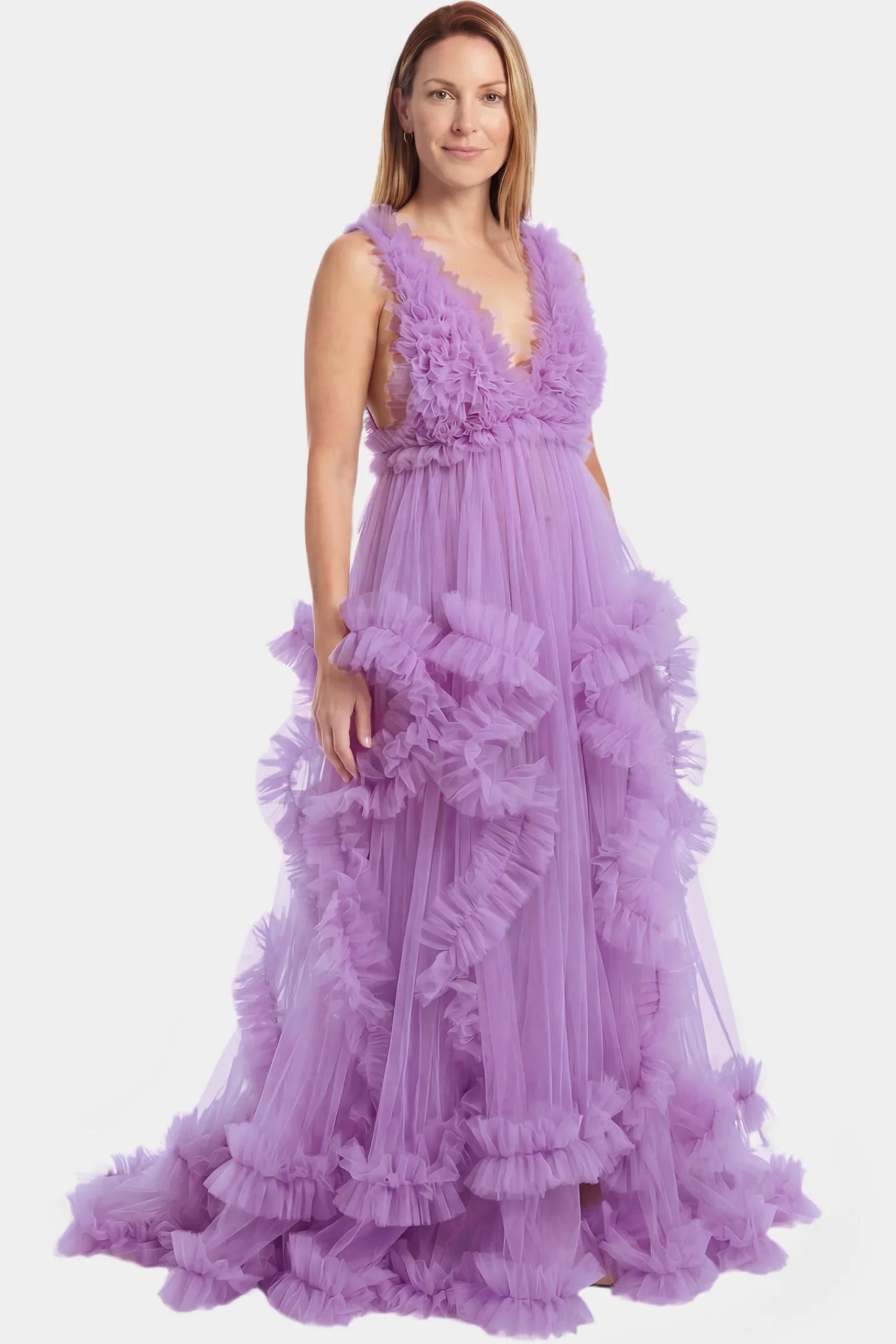 Multi-Layered Tulle Deep V-Neck Sleeveless Maxi Maternity Gown Multi-layered tulle deep V-neck sleeveless maxi maternity gown in lavender featuring flowing pleated silhouette in full body front view on a postpartum model