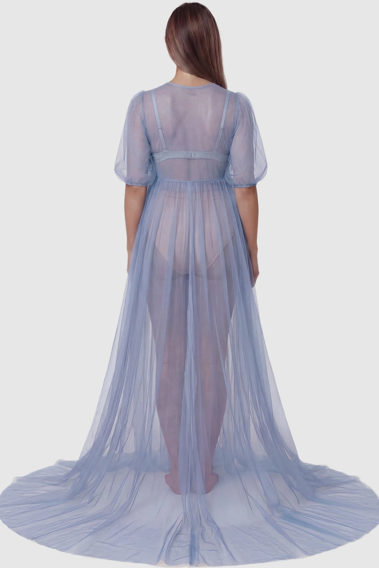 Tulle-Lace V-Neck Short Sleeve Trailing Maxi Maternity Dress Tulle-lace V-neck short sleeve trailing maxi maternity dress in light blue featuring elegant trailing hem in back view on a pregnant model