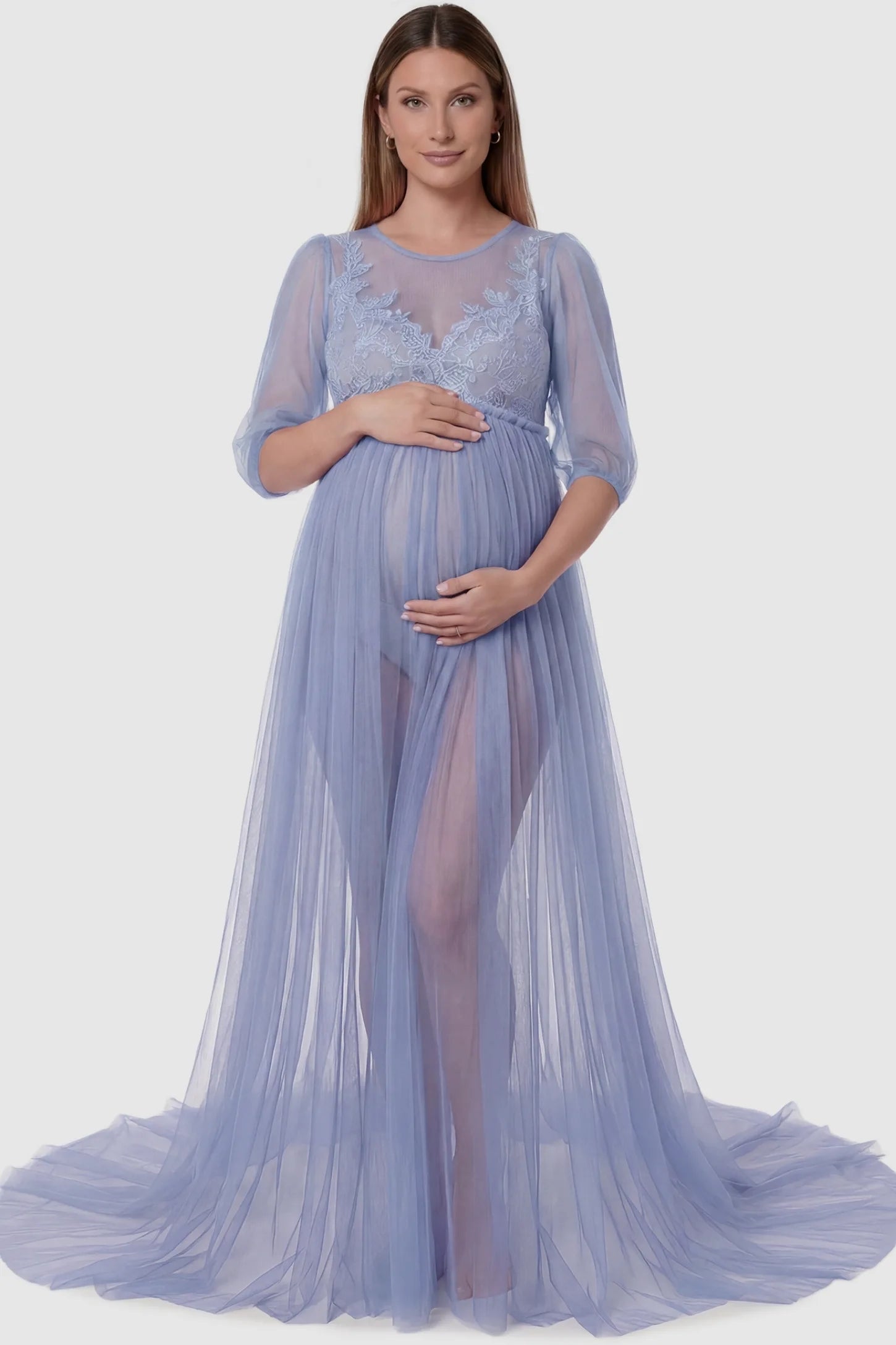 Tulle-Lace V-Neck Short Sleeve Trailing Maxi Maternity Dress Tulle-lace V-neck short sleeve trailing maxi maternity dress in light blue featuring lace-spliced V-neck design in front view on a pregnant model