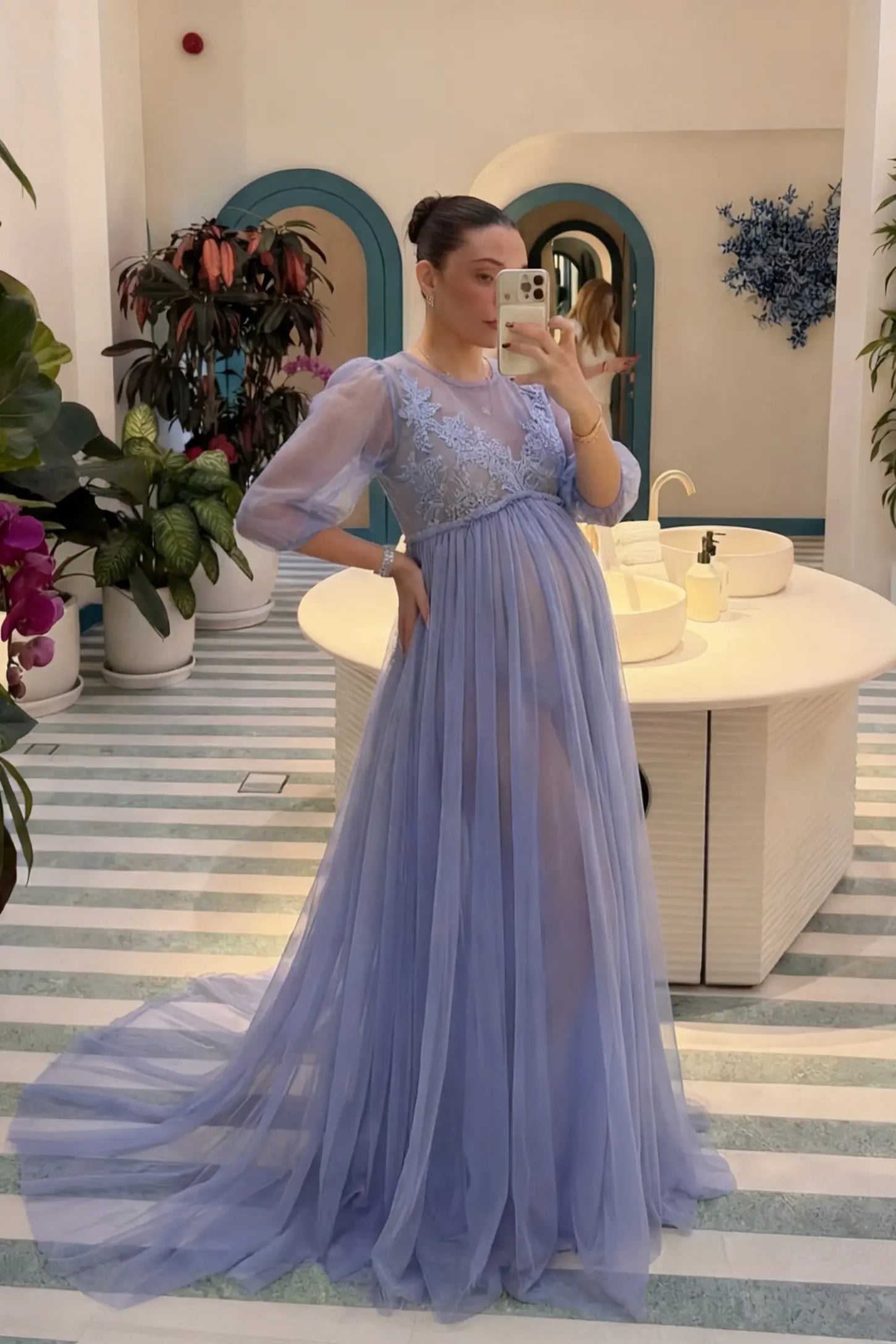 Tulle-Lace V-Neck Short Sleeve Trailing Maxi Maternity Dress Tulle-lace V-neck short sleeve trailing maxi maternity dress in light blue with layered tulle skirt, full body on UGC model