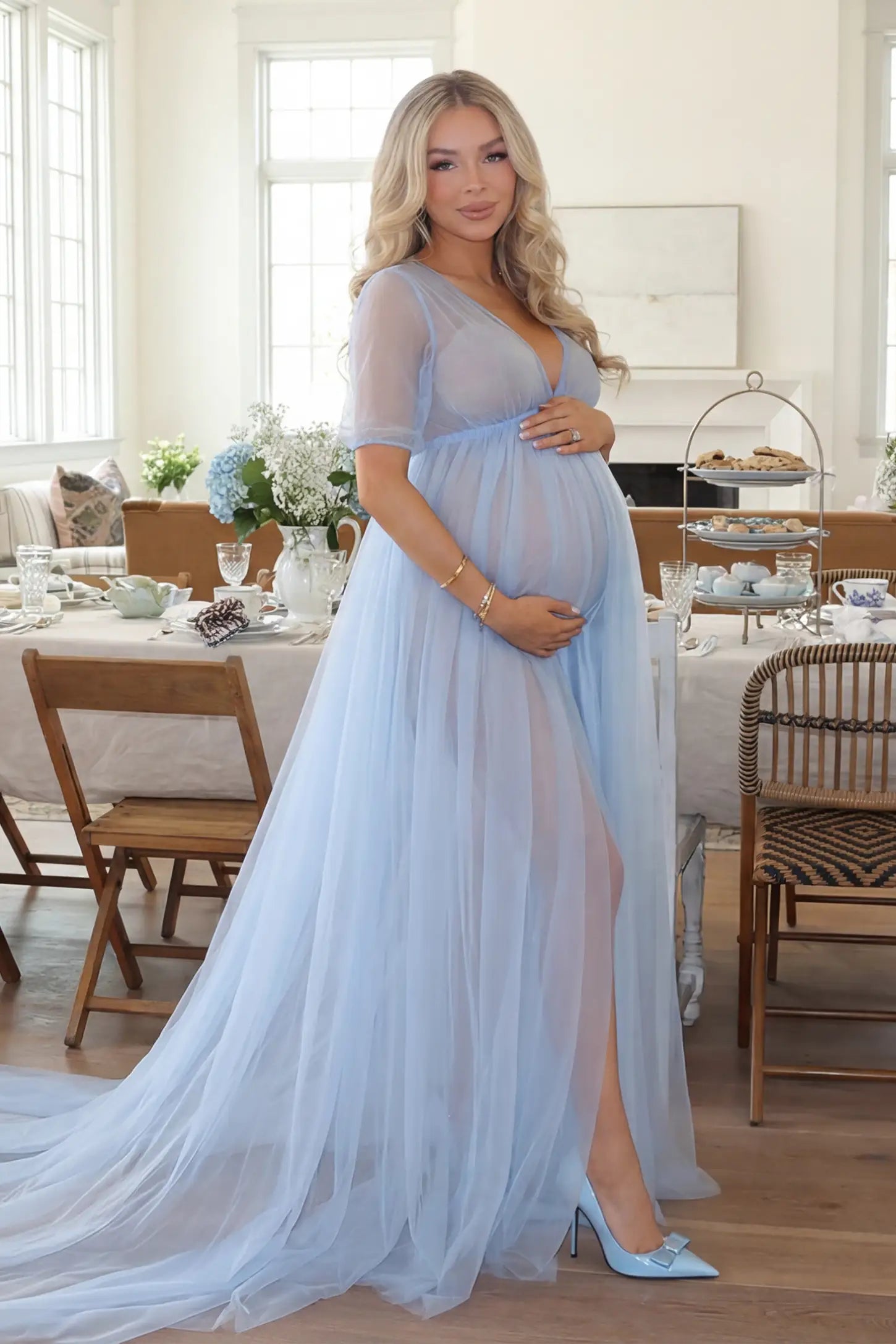 Tulle-Lace Sheer Half Sleeve Maternity Photoshoot Gown Tulle-lace sheer half sleeve maternity gown in light blue with delicate lace-spliced detail, front view on pregnant model
