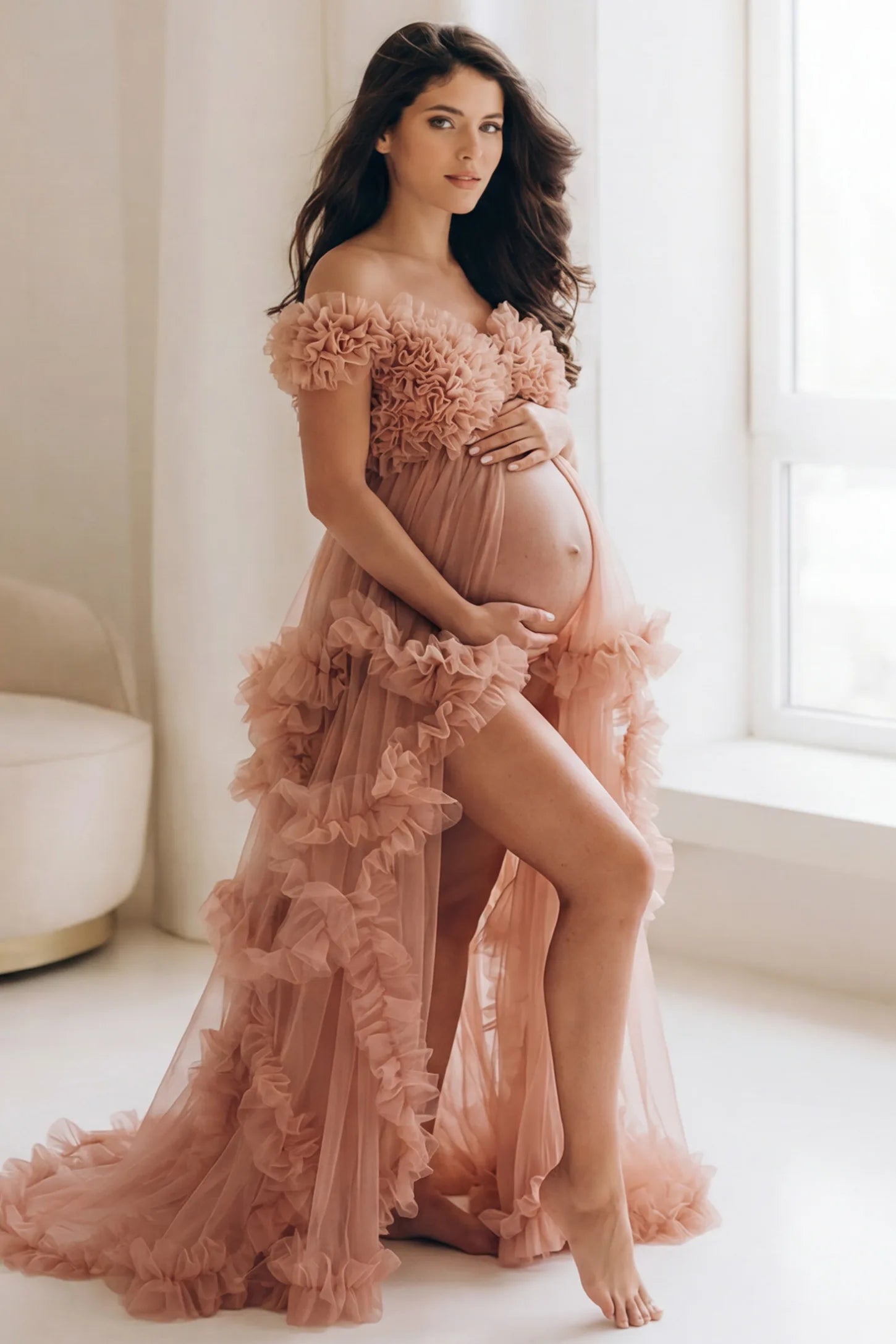 Ruffled Tulle Convertible Neckline Maternity Photoshoot Gown Ruffled tulle convertible neckline maternity photoshoot gown in pink with open front and ruffled tulle layers, editorial lifestyle view