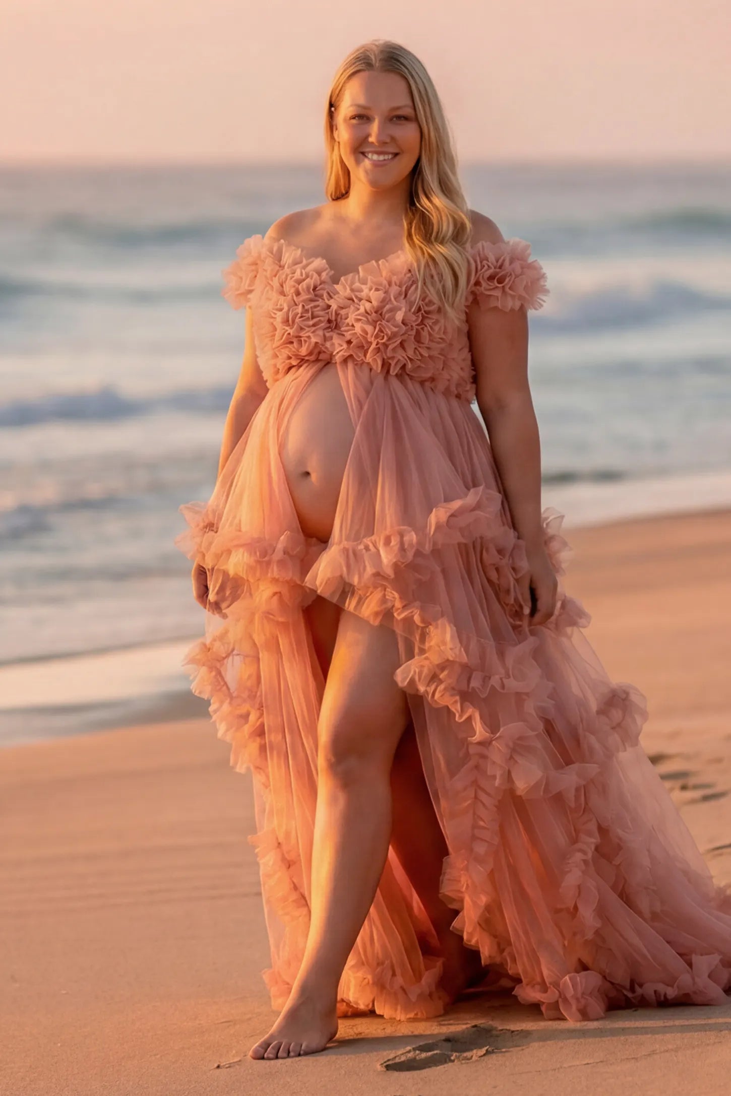 Ruffled Tulle Convertible Neckline Maternity Photoshoot Gown Ruffled tulle convertible neckline maternity photoshoot gown in pink with open front and ruffled tulle layers, front view on plus-size model