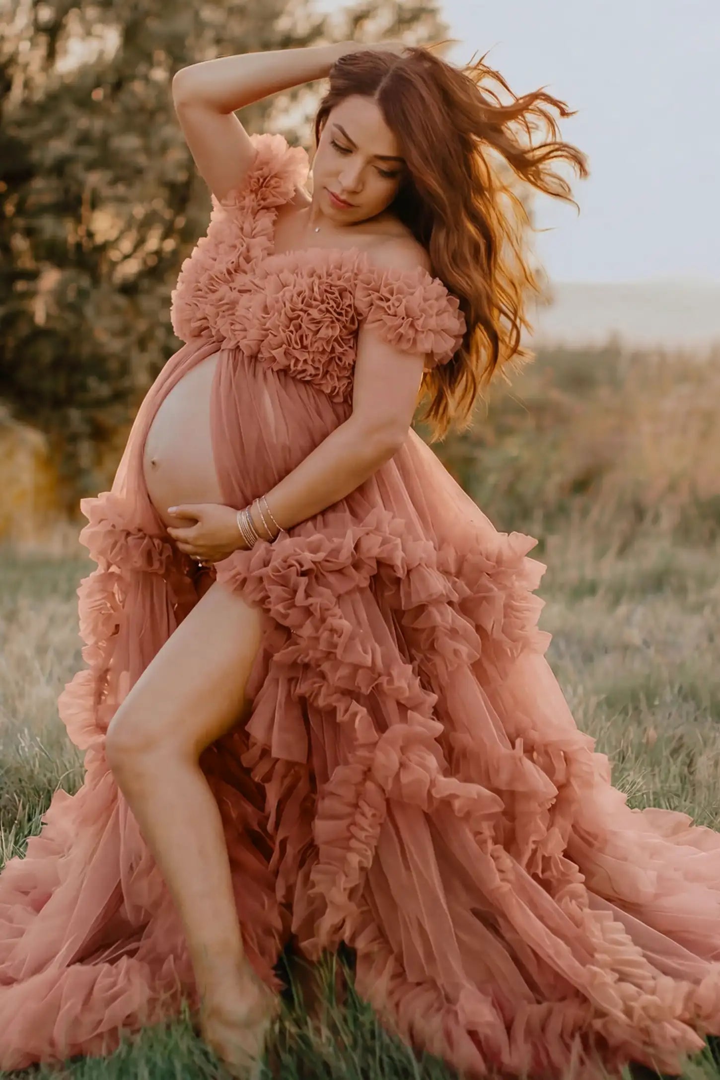 Ruffled Tulle Convertible Neckline Maternity Photoshoot Gown Ruffled tulle convertible neckline maternity photoshoot gown in pink with open front and ruffled tulle layers, UGC view