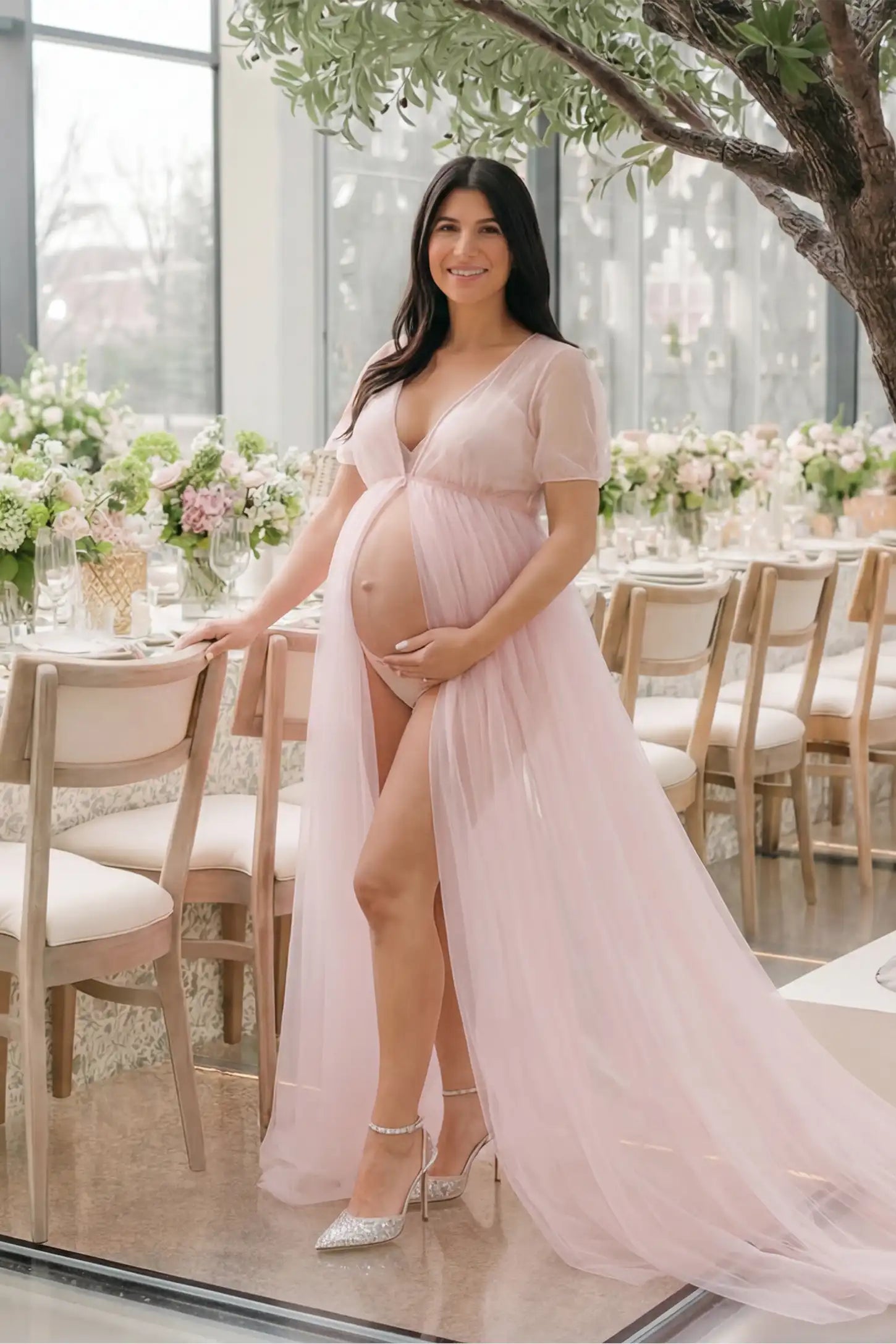 Tulle-Lace Sheer Half Sleeve Maternity Photoshoot Gown Tulle-lace sheer half sleeve maternity gown in pink with delicate lace-spliced detail and high front slit, front view on pregnant model