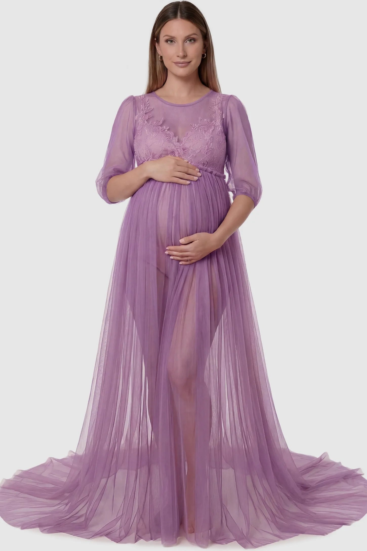 Tulle-Lace V-Neck Short Sleeve Trailing Maxi Maternity Dress Tulle-lace V-neck short sleeve trailing maxi maternity dress in violet featuring lace-spliced V-neck design in front view on a pregnant model