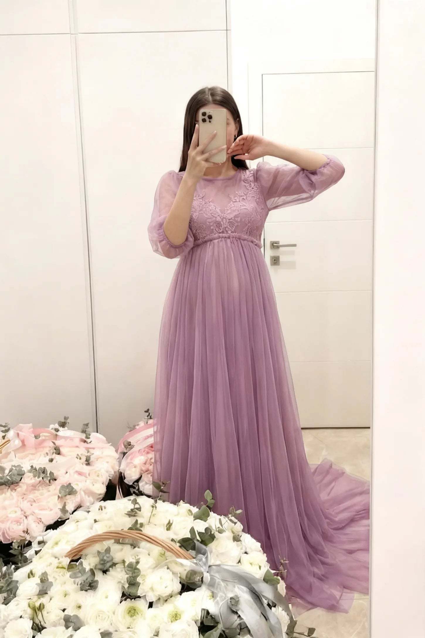 Tulle-Lace V-Neck Short Sleeve Trailing Maxi Maternity Dress Tulle-lace V-neck short sleeve trailing maxi maternity dress in violet with layered tulle skirt, full body on UGC model