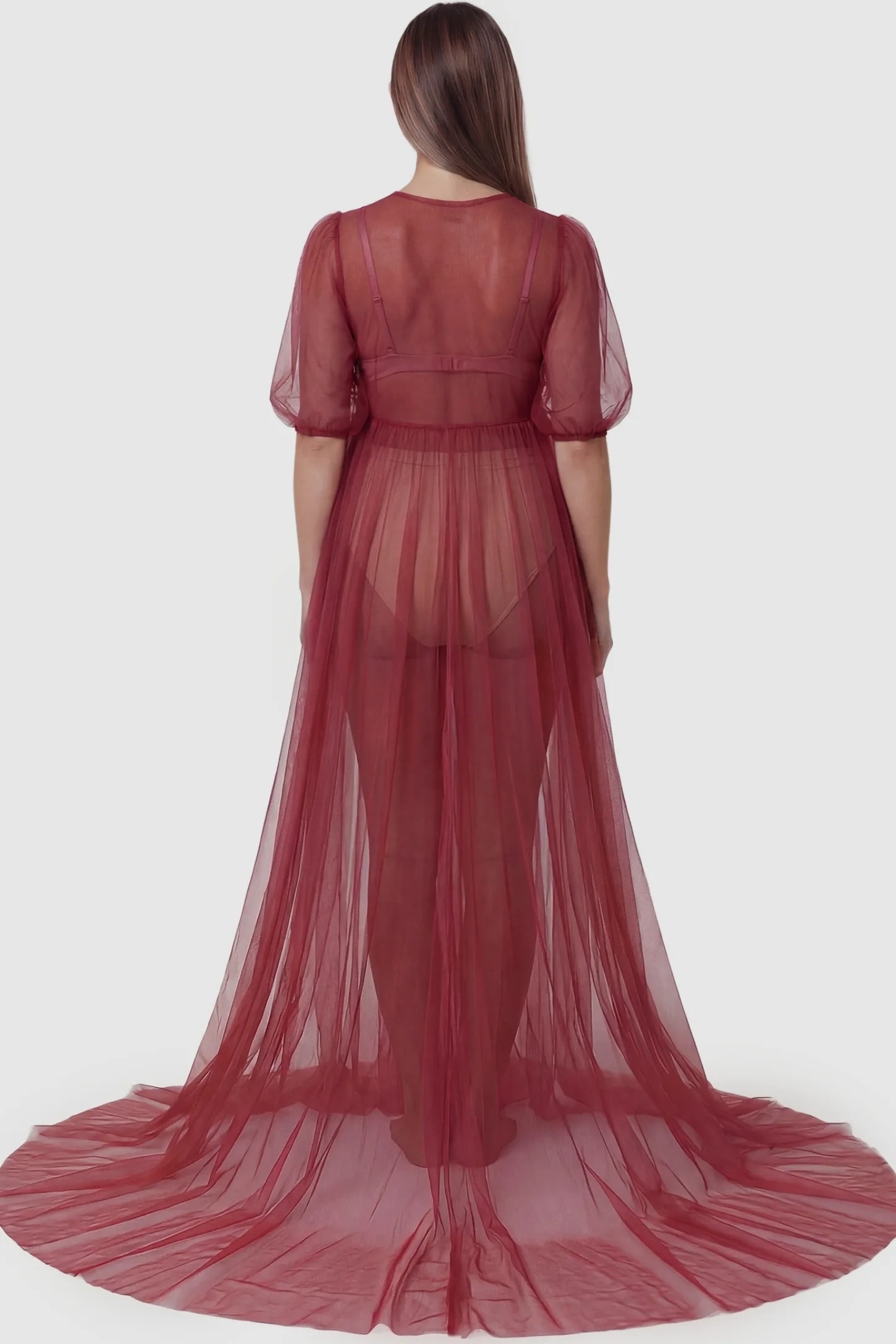 Tulle-Lace V-Neck Short Sleeve Trailing Maxi Maternity Dress Tulle-lace V-neck short sleeve trailing maxi maternity dress in wine red featuring elegant trailing hem in back view on a pregnant model