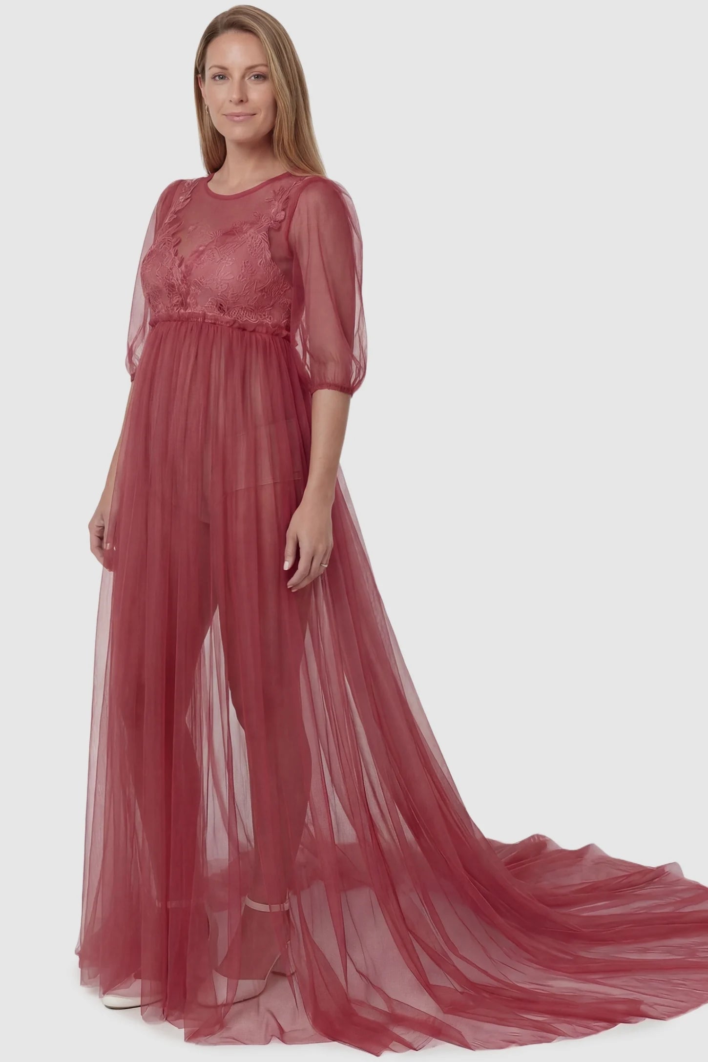 Tulle-Lace V-Neck Short Sleeve Trailing Maxi Maternity Dress Tulle-lace V-neck short sleeve trailing maxi maternity dress in wine red featuring romantic photography silhouette in full body view on a postpartum model