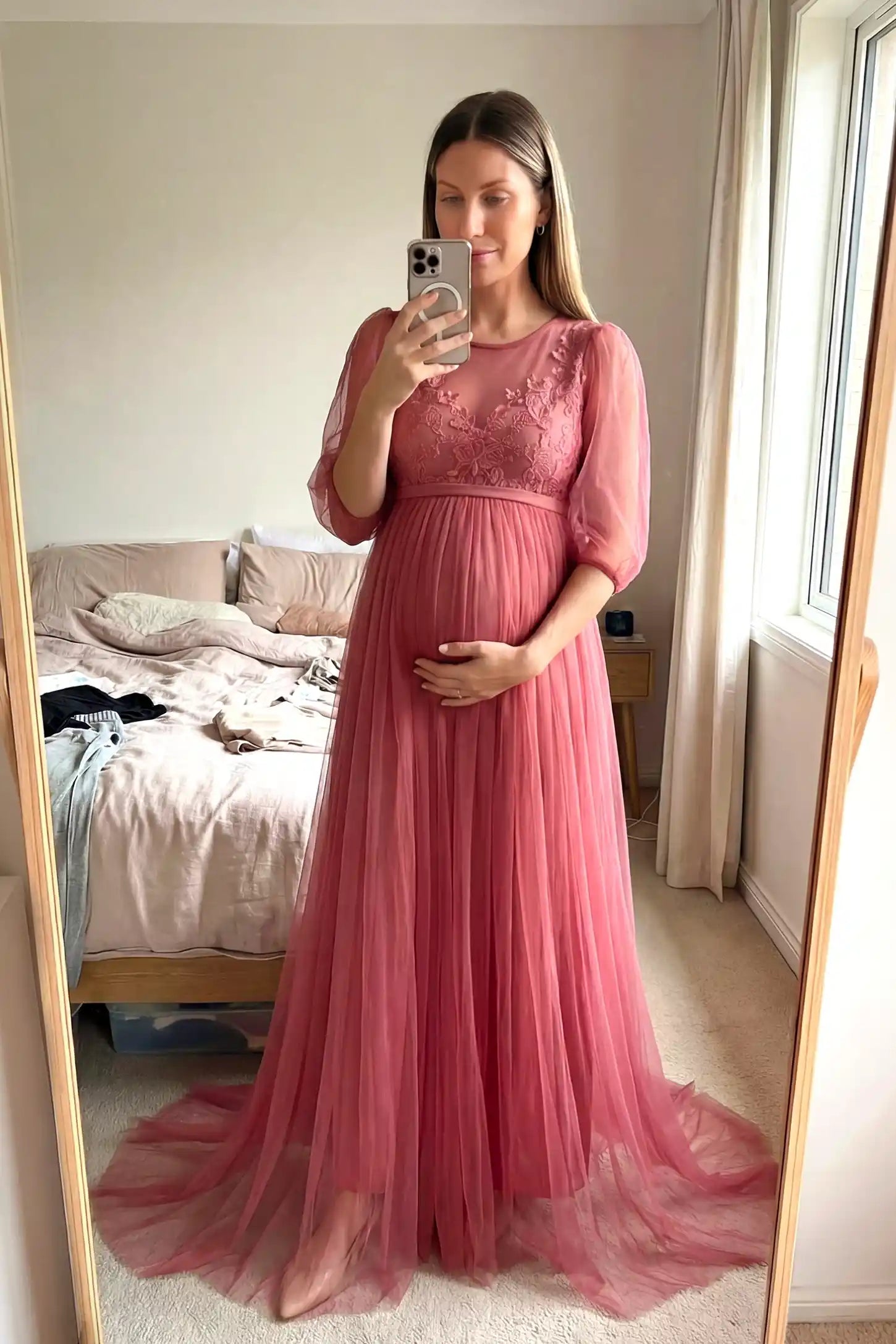 Tulle-Lace V-Neck Short Sleeve Trailing Maxi Maternity Dress Tulle-lace V-neck short sleeve trailing maxi maternity dress in wine red with layered tulle skirt, full body on UGC model