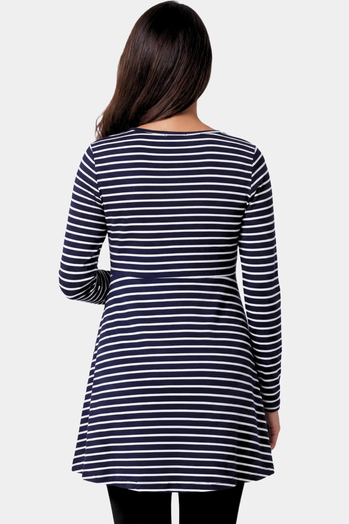 Striped Long Sleeve Maternity & Nursing Tunic Top Striped Long Sleeve Maternity & Nursing Tunic Top in blue and white stripes featuring a crew neck and flowy A-line silhouette on a pregnant model.