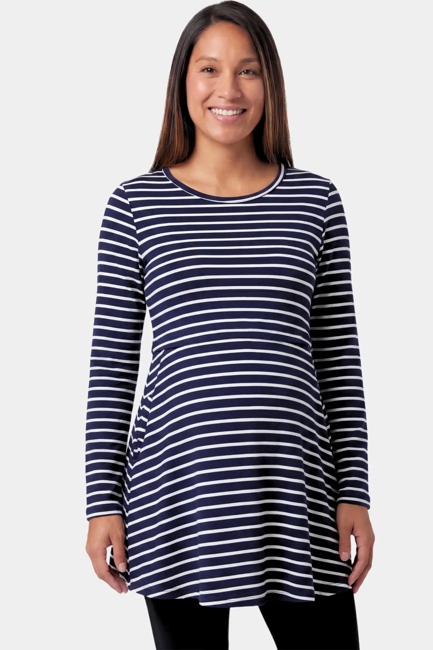Striped Long Sleeve Maternity & Nursing Tunic Top in blue and white stripes featuring a crew neck and flowy A-line silhouette on a pregnant model.