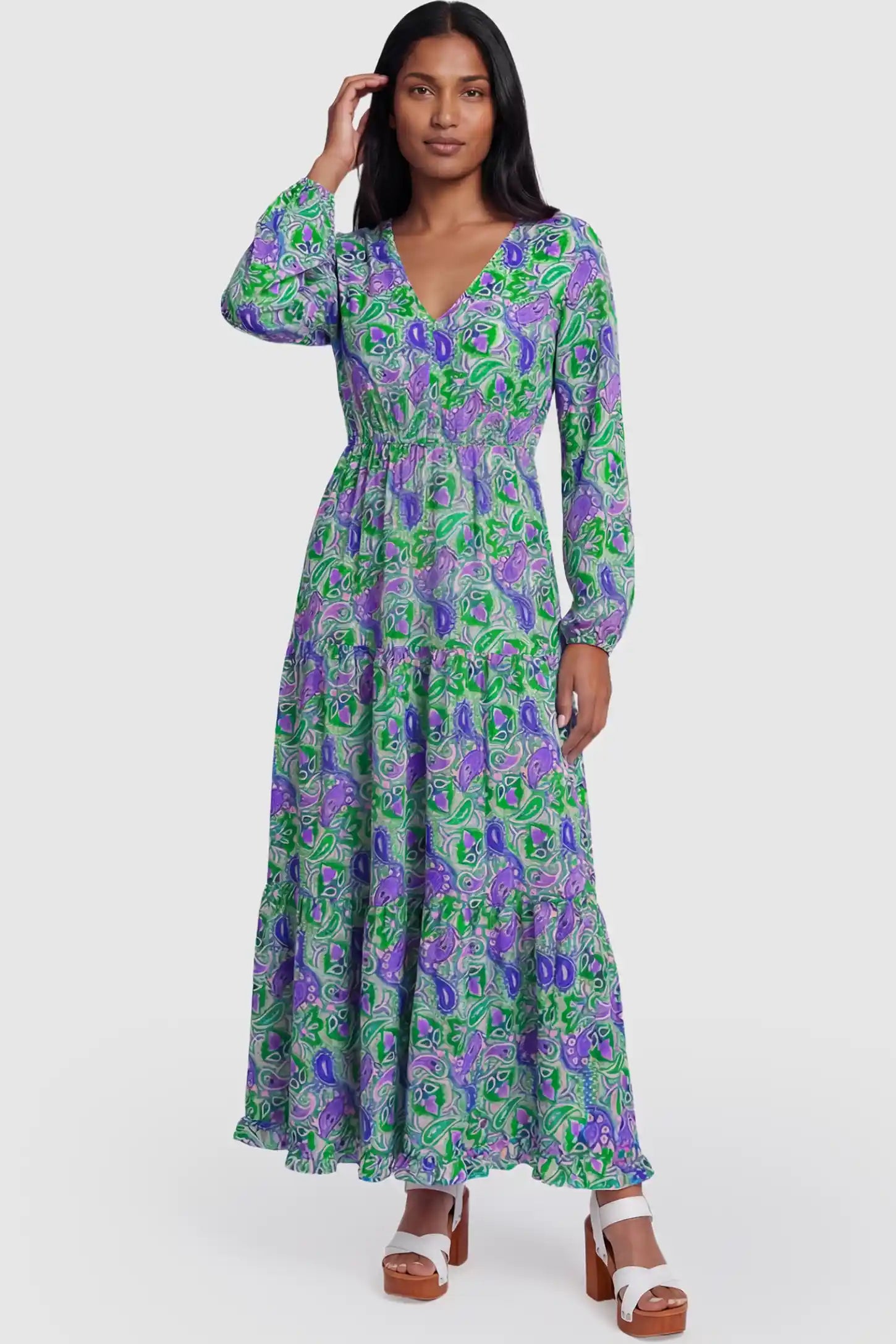 Paisley Print V-Neck Tiered Maternity Maxi Dress Paisley Print V-Neck Tiered Maternity Maxi Dress in green paisley pattern featuring empire waist and flowy tiered skirt on non pregnant model.