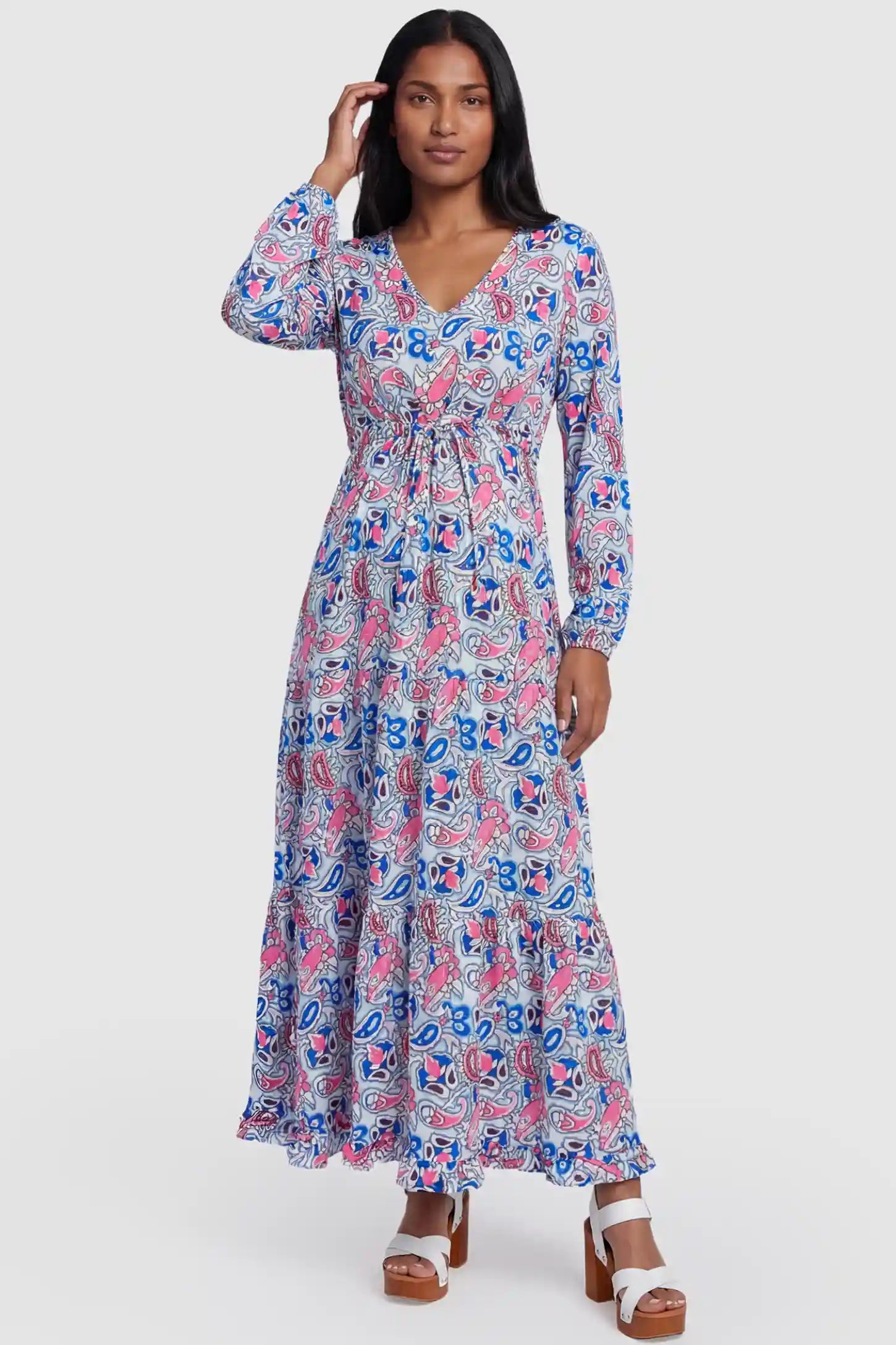 Paisley Print V-Neck Tiered Maternity Maxi Dress Paisley Print V-Neck Tiered Maternity Maxi Dress in peach red paisley pattern featuring empire waist and flowy tiered skirt on non pregnant model.